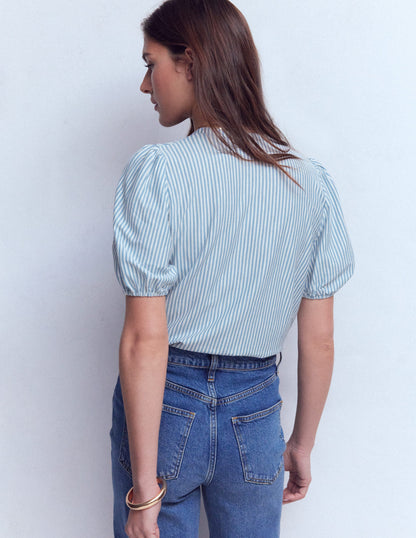 Mya Short Sleeve Smocked Shirt-French Blue and Ivory Stripe-3