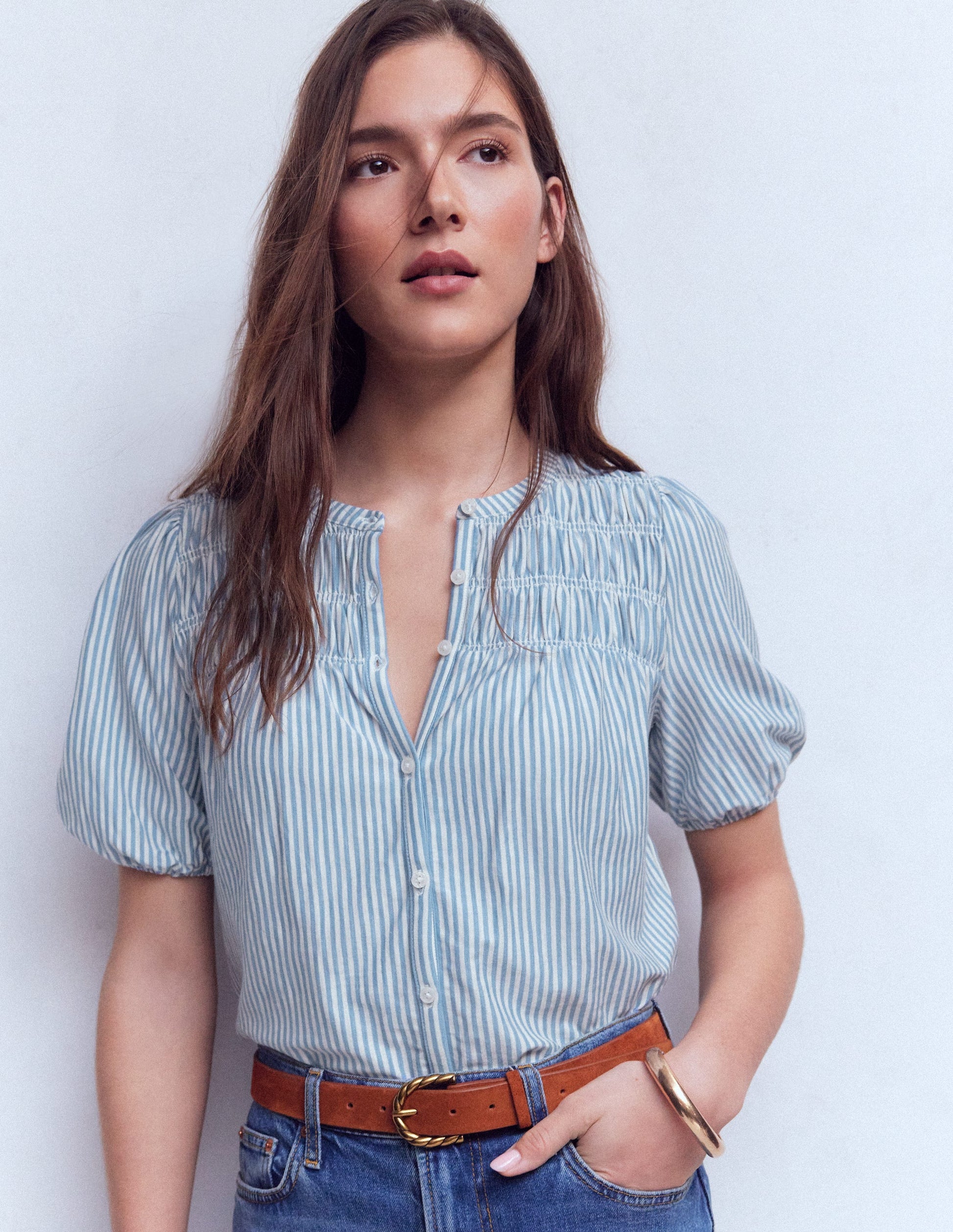Mya Short Sleeve Smocked Shirt-French Blue and Ivory Stripe | Boden USA Mya Short Sleeve Smocked Shirt-French Blue and Ivory Stripe | Boden USA