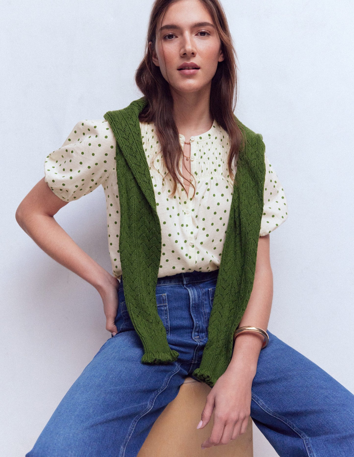 Mya Short Sleeve Smocked Shirt-Papyrus, Painted Dot