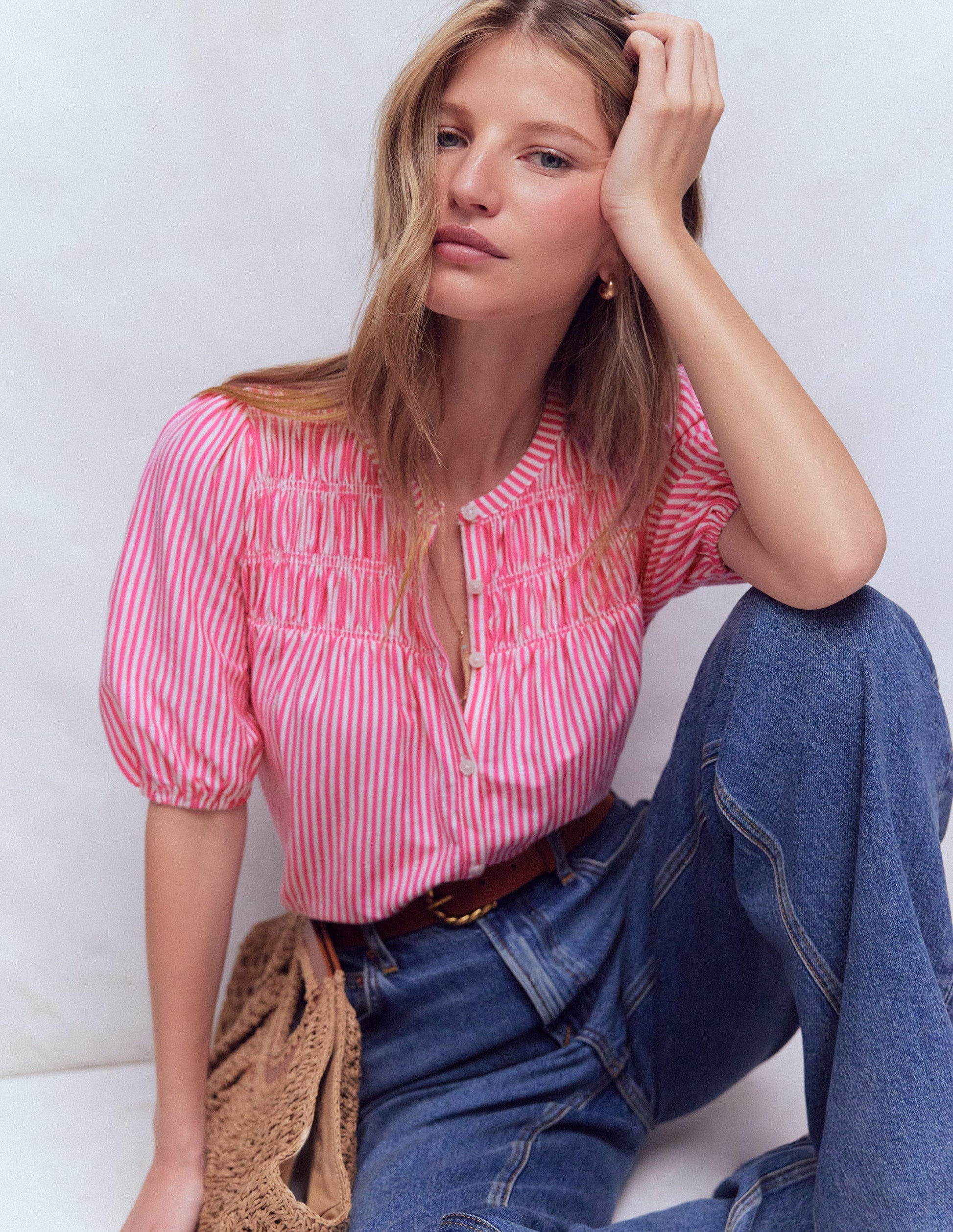 Mya Short Sleeve Smocked Shirt-Pink Punch and Ivory Stripe-5