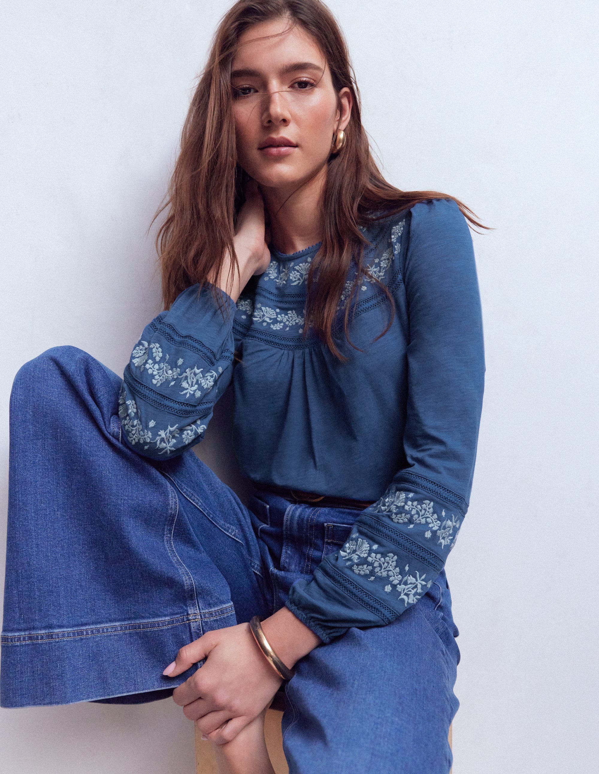 Rosie Embroidered Jersey Top-Denim Blue - Image 1