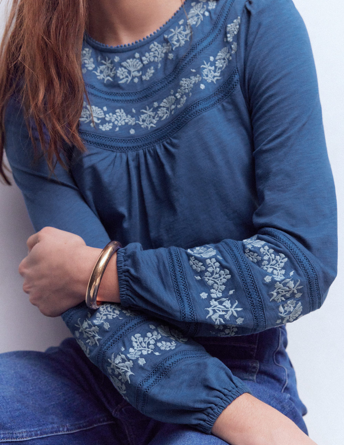 Rosie Embroidered Jersey Top-Denim Blue - Image 2