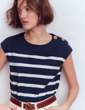 Button Detail T-Shirt-Navy and Ivory Stripe