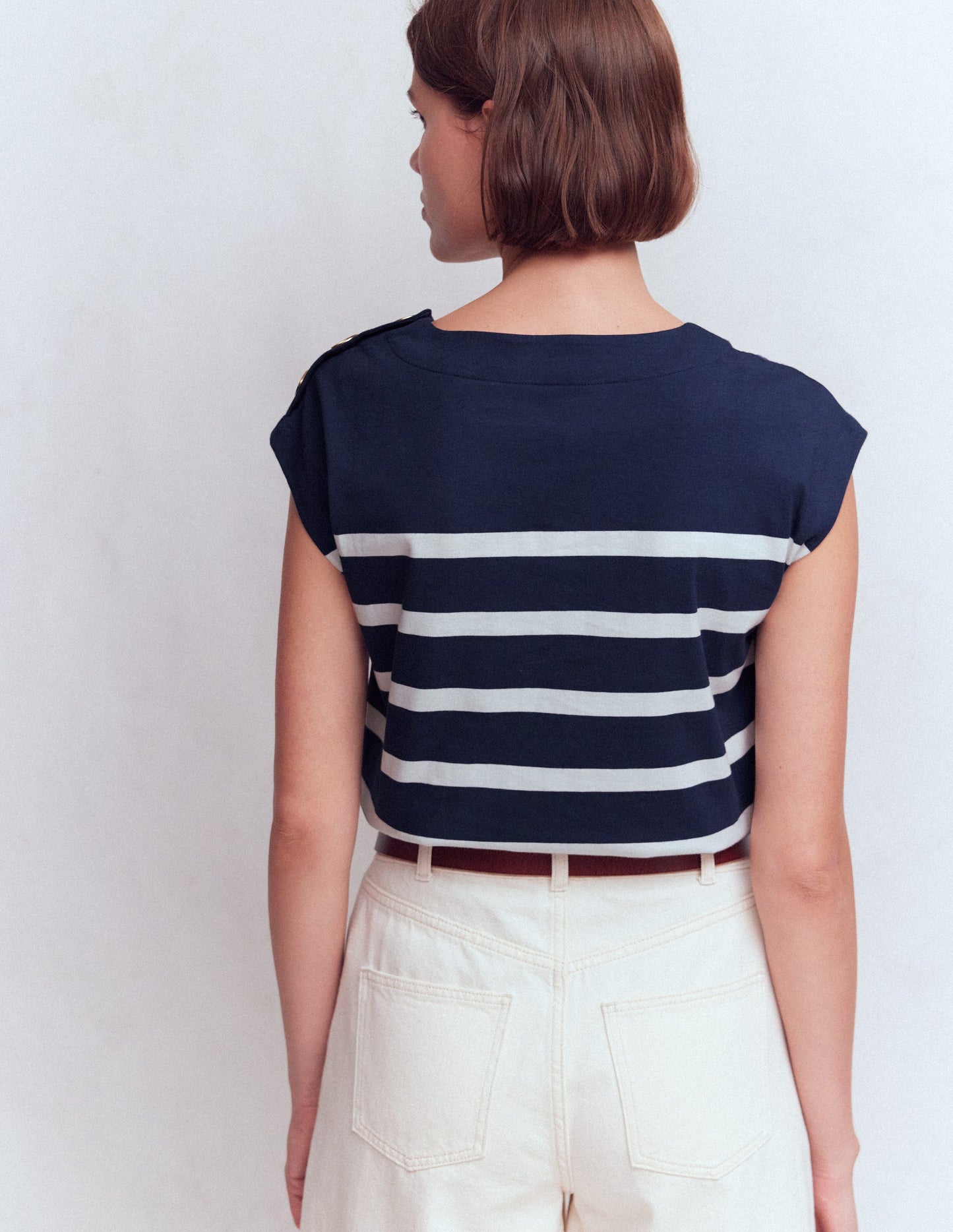 Button Detail T-Shirt-Navy and Ivory Stripe
