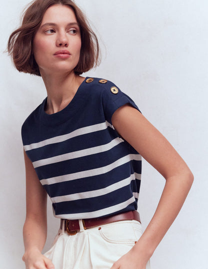 Button Detail T-Shirt-Navy and Ivory Stripe-4
