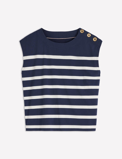 Button Detail T-Shirt-Navy and Ivory Stripe-5