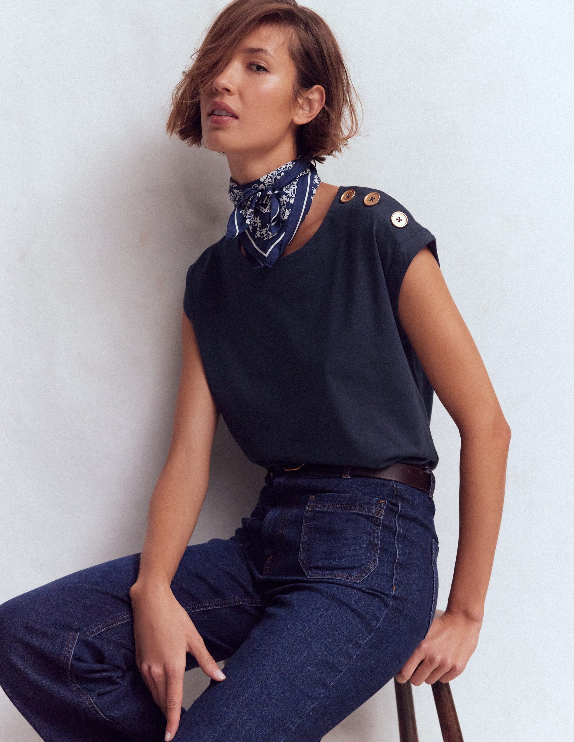 Button Detail T-Shirt-Navy-1