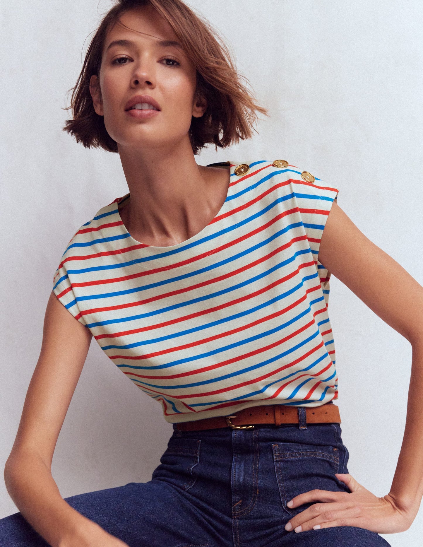 Button Detail T-Shirt-Fire Cracker, King Fisher Blue