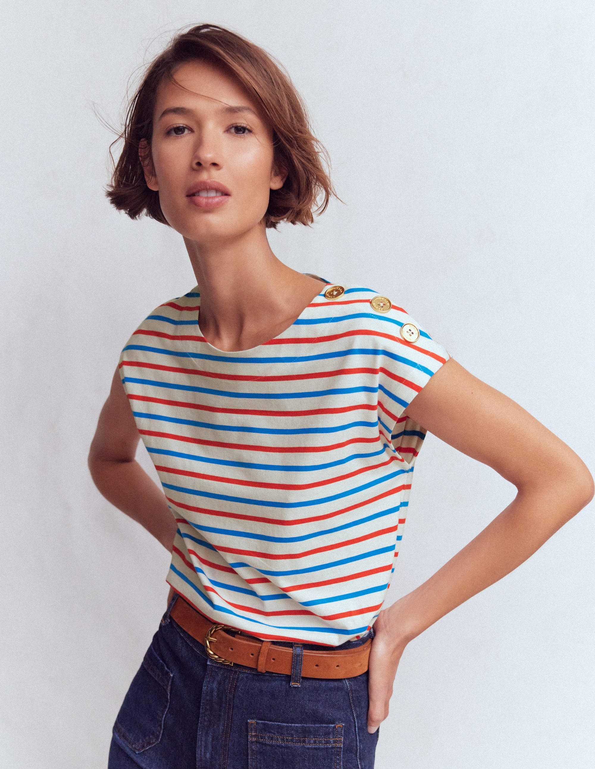 Button Detail T-Shirt-Fire Cracker, King Fisher Blue - Image 4