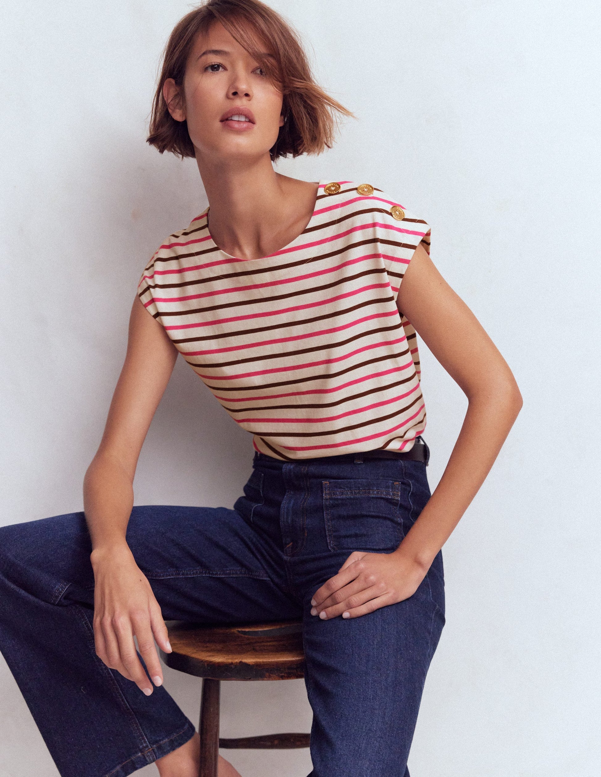 Button Detail T-Shirt-Pink Peony, Raw Umber Stripe-1