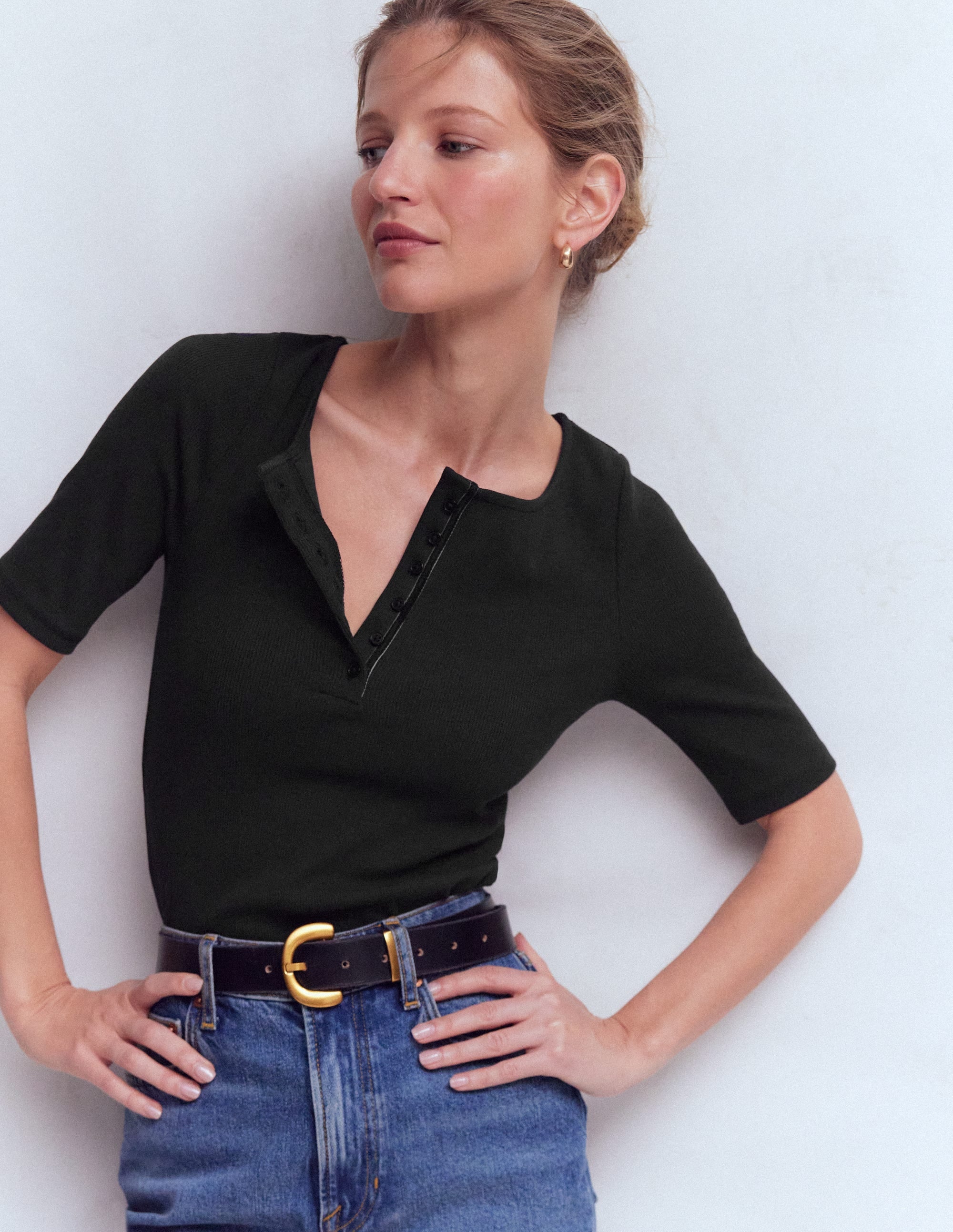 Short Sleeve Rib Henley-Black - Image 4