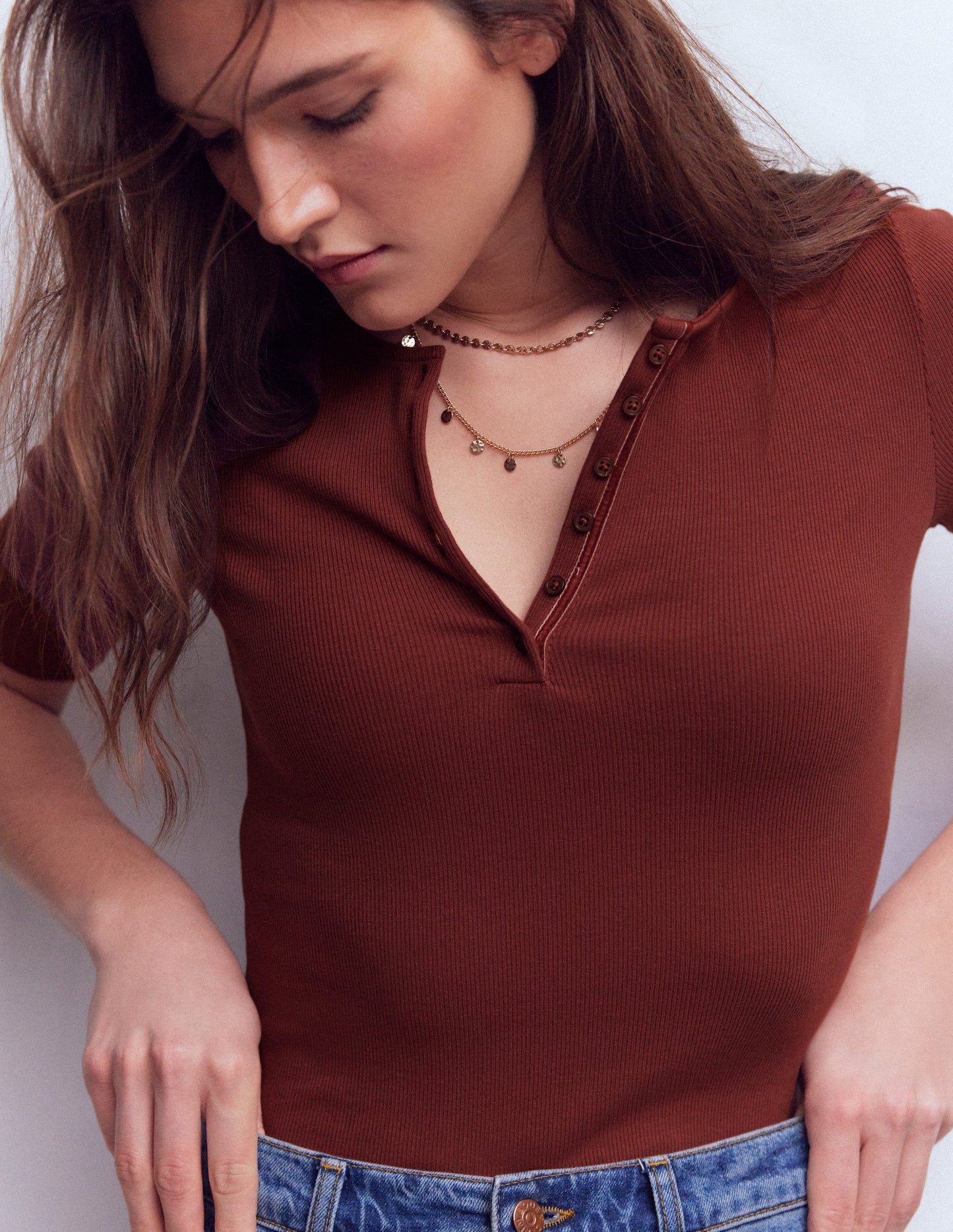 Short Sleeve Rib Henley-Hot Chocolate