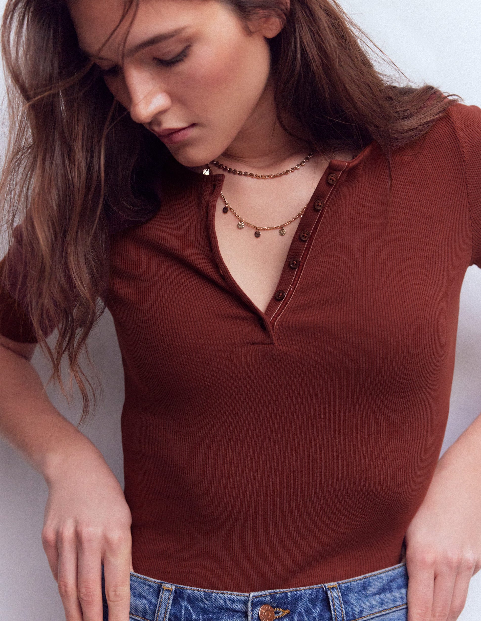 Short Sleeve Rib Henley-Hot Chocolate-2