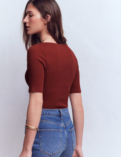 Short Sleeve Rib Henley-Hot Chocolate-3