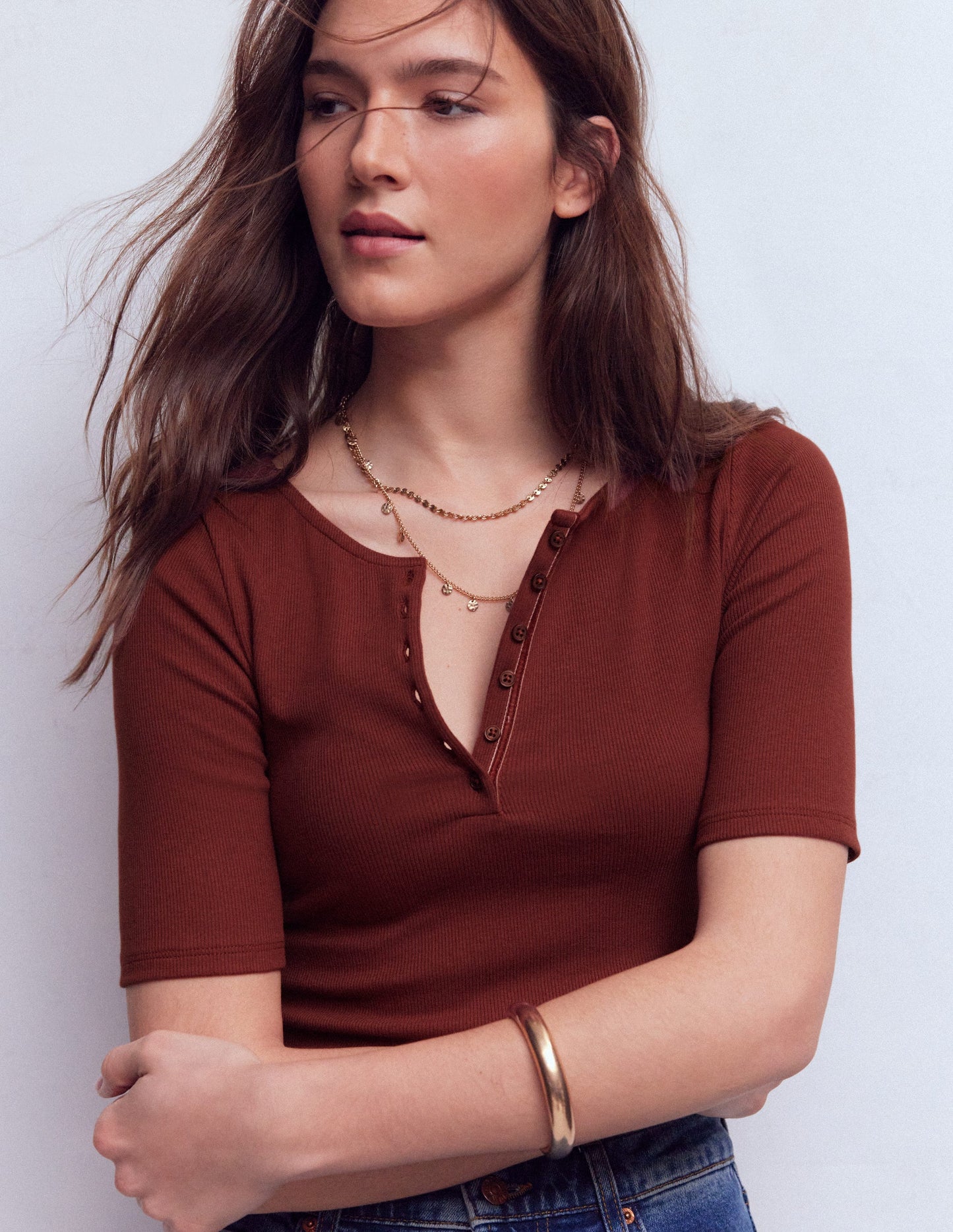 Short Sleeve Rib Henley-Hot Chocolate