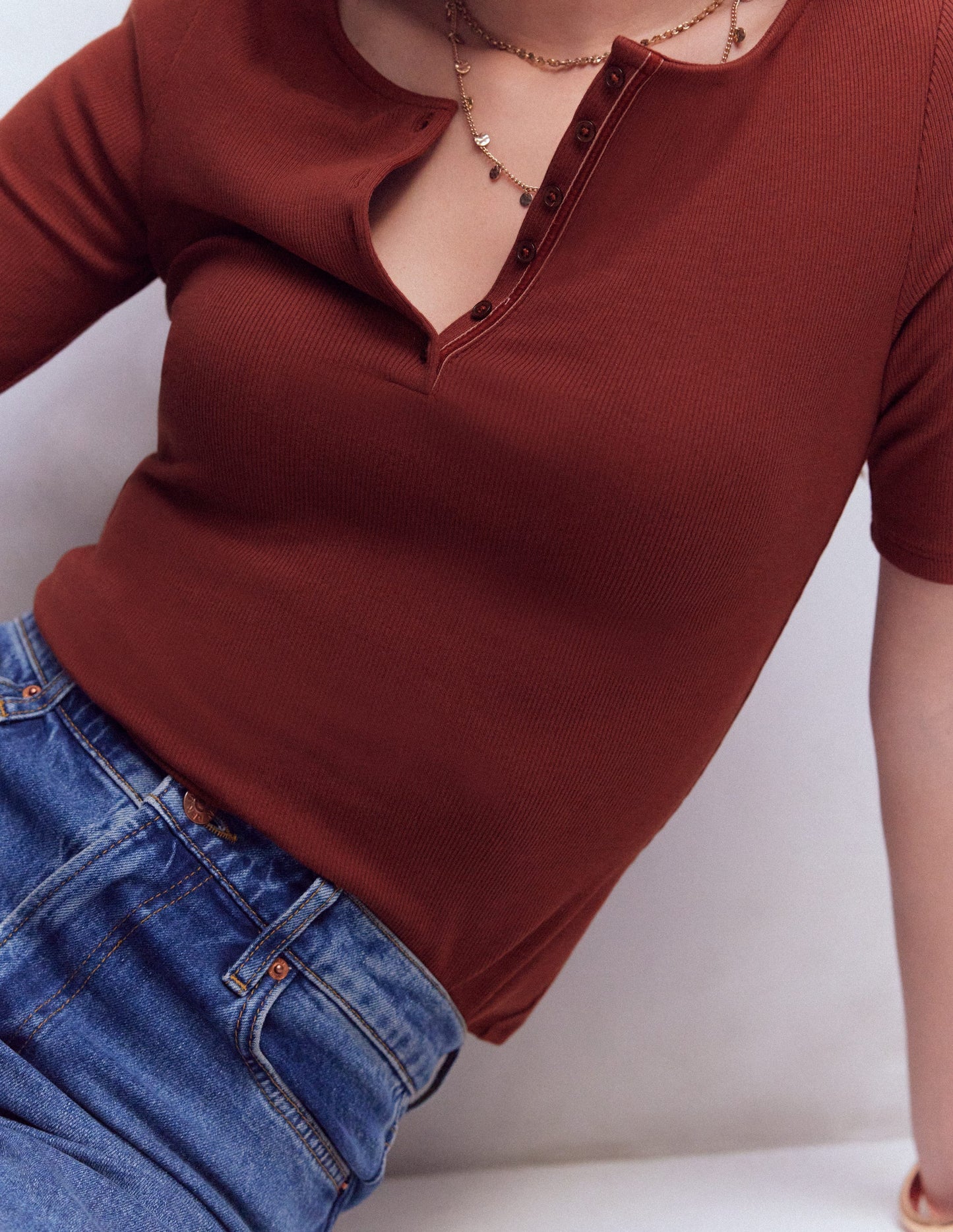 Short Sleeve Rib Henley-Hot Chocolate