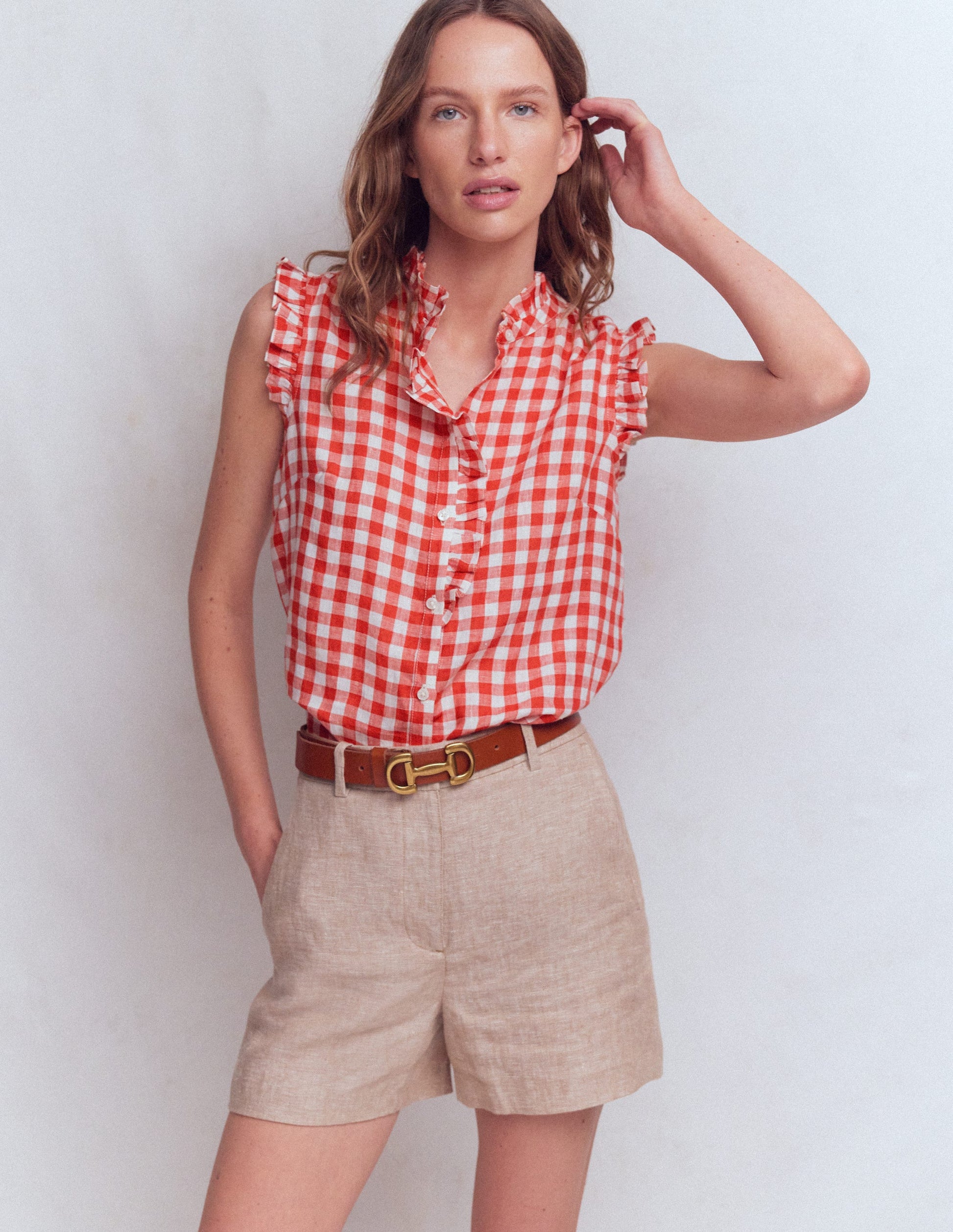 Isabel Sleeveless Linen Top-Burnt Red Gingham-5