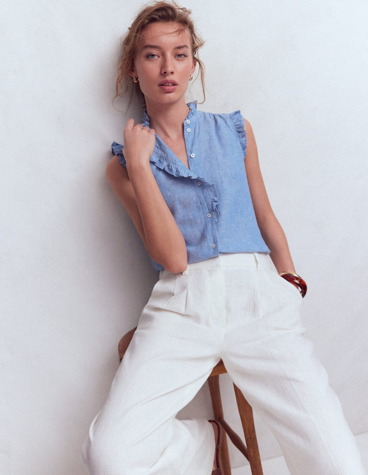 Isabel Sleeveless Linen Top-Blue Chambray