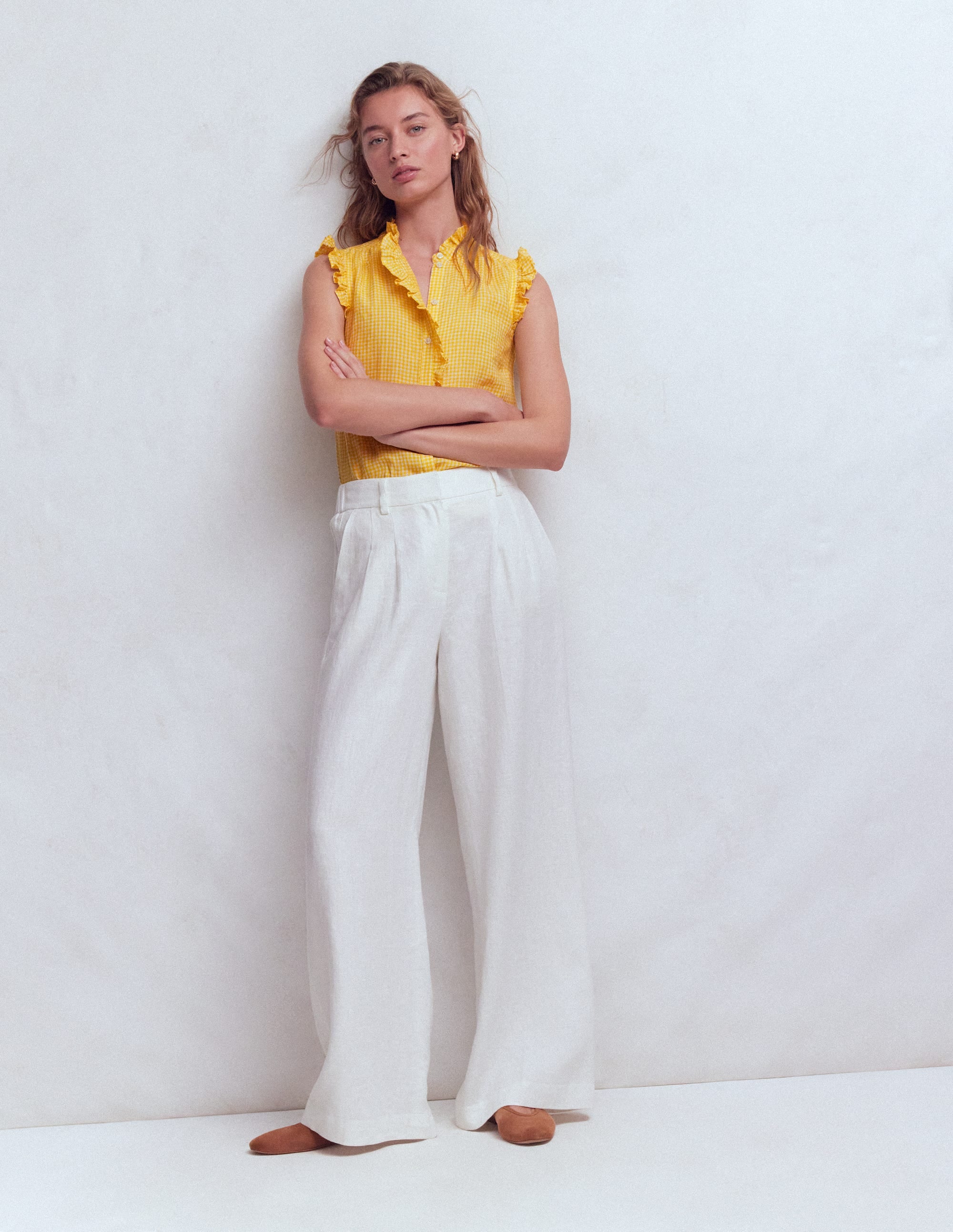 トップス french vintage linen twill BIG T Isabel Sleeveless Linen Top - French Marigold Micro Gingham