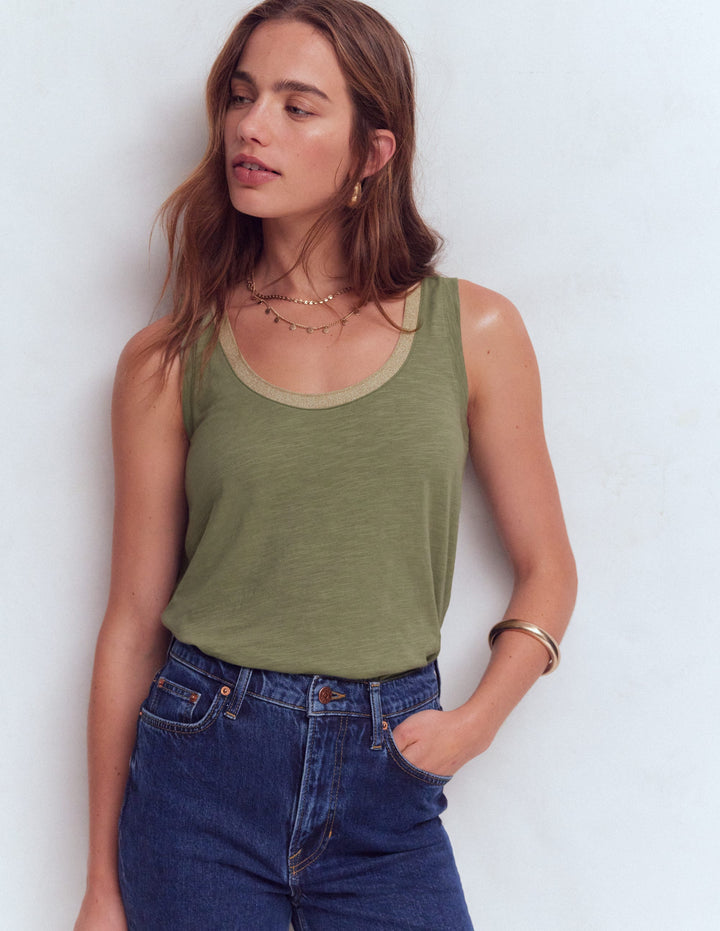 Metallic Trim Scoop Neck Vest-Larch Green