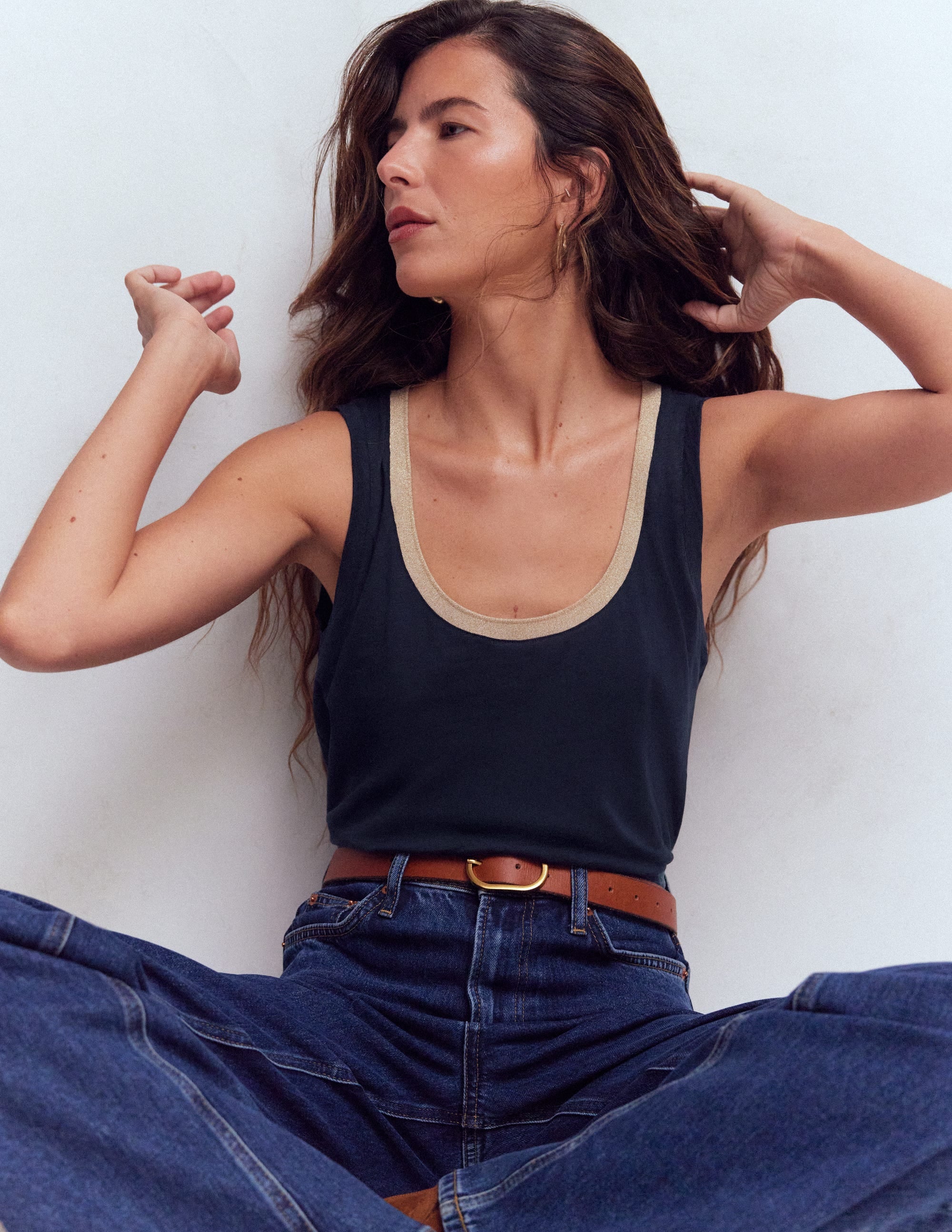 Metallic Trim Scoop Neck Vest-Navy - Image 1
