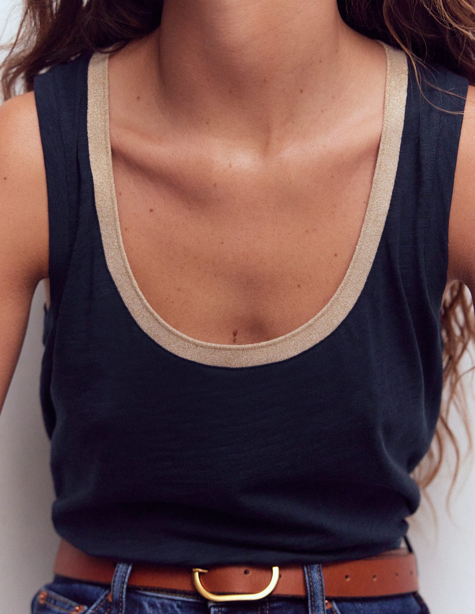 Metallic Trim Scoop Neck Vest-Navy - Image 2