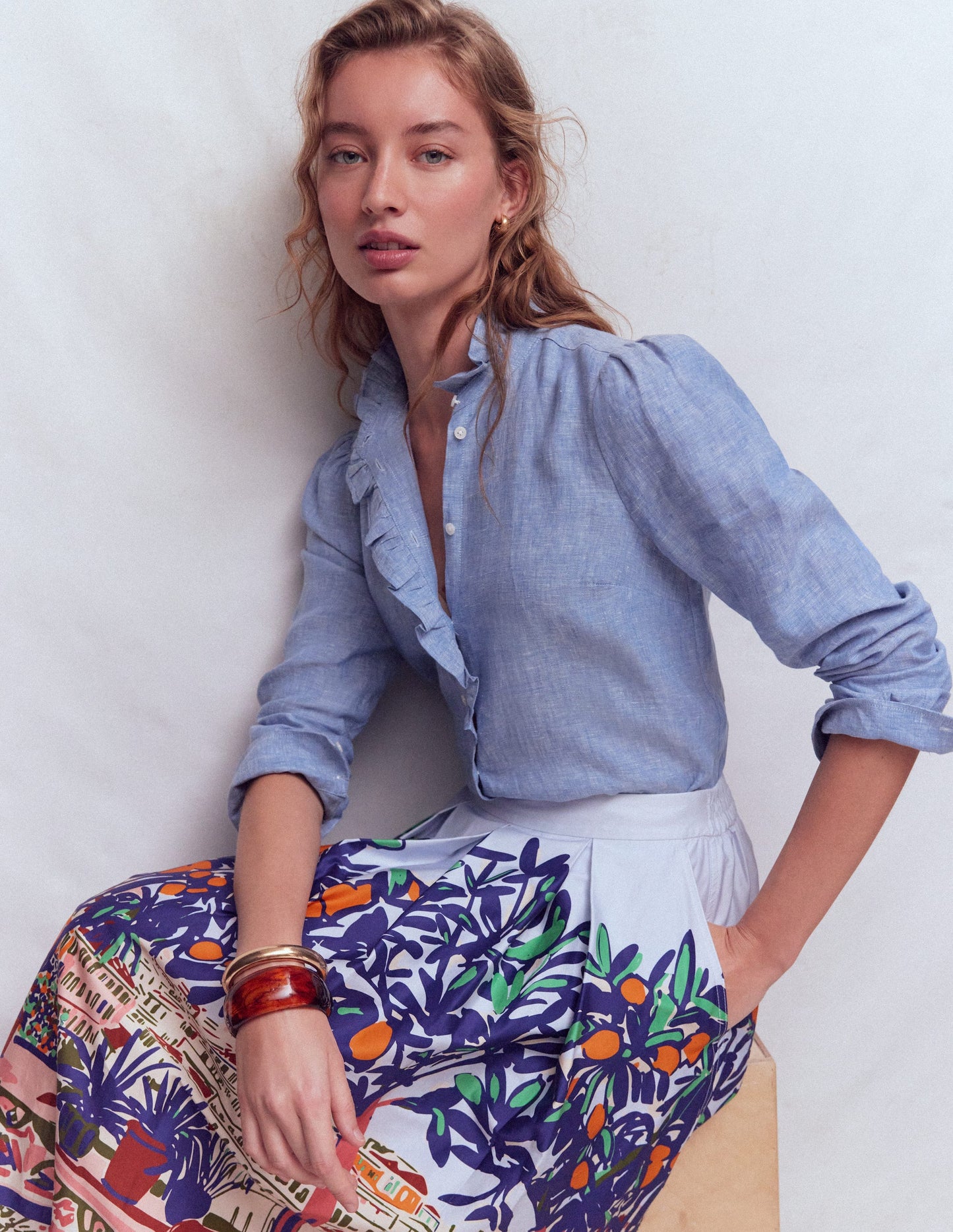 Isabel Ruffle Linen Shirt-Chambray