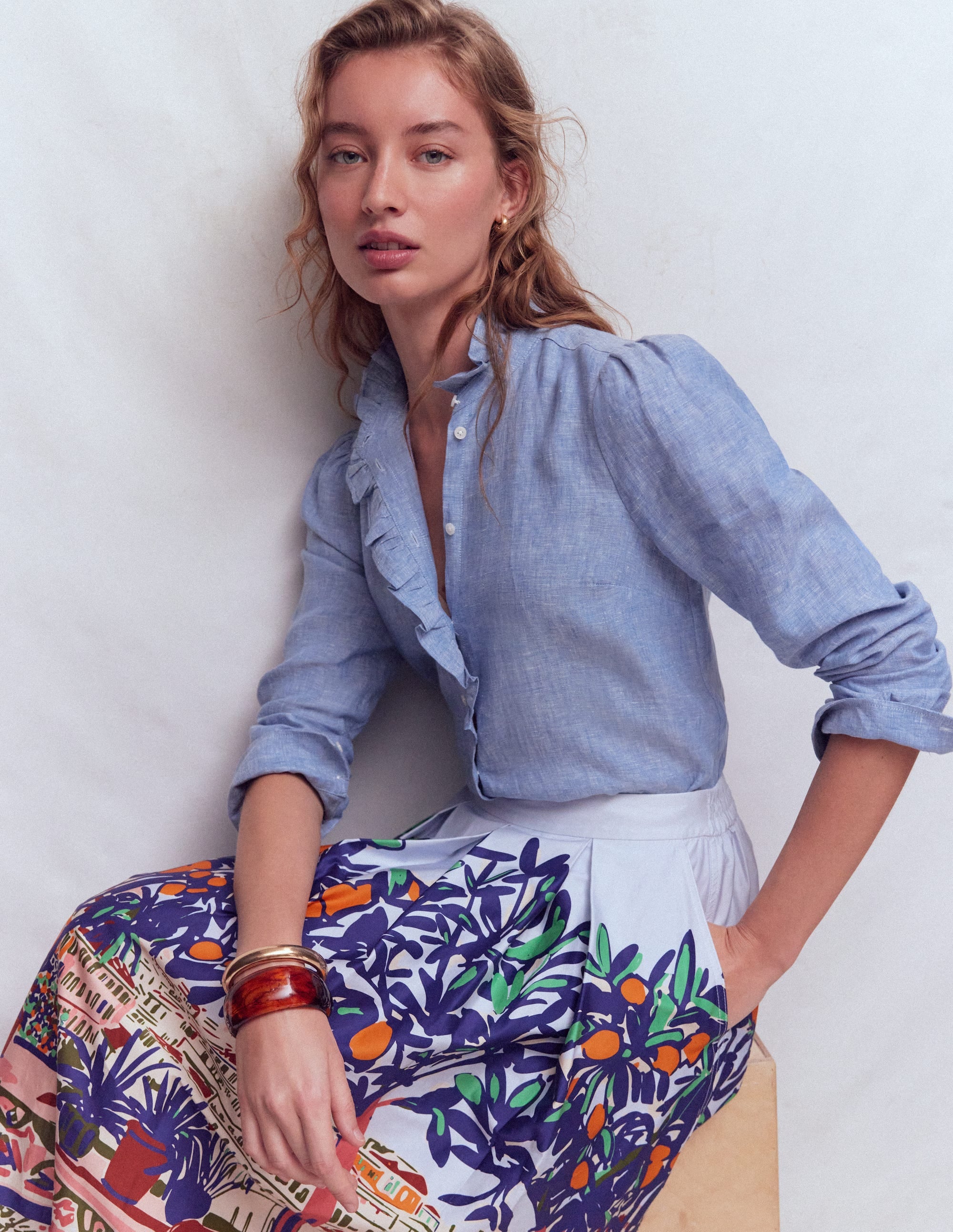 Isabel Ruffle Linen Shirt-Chambray - Image 1