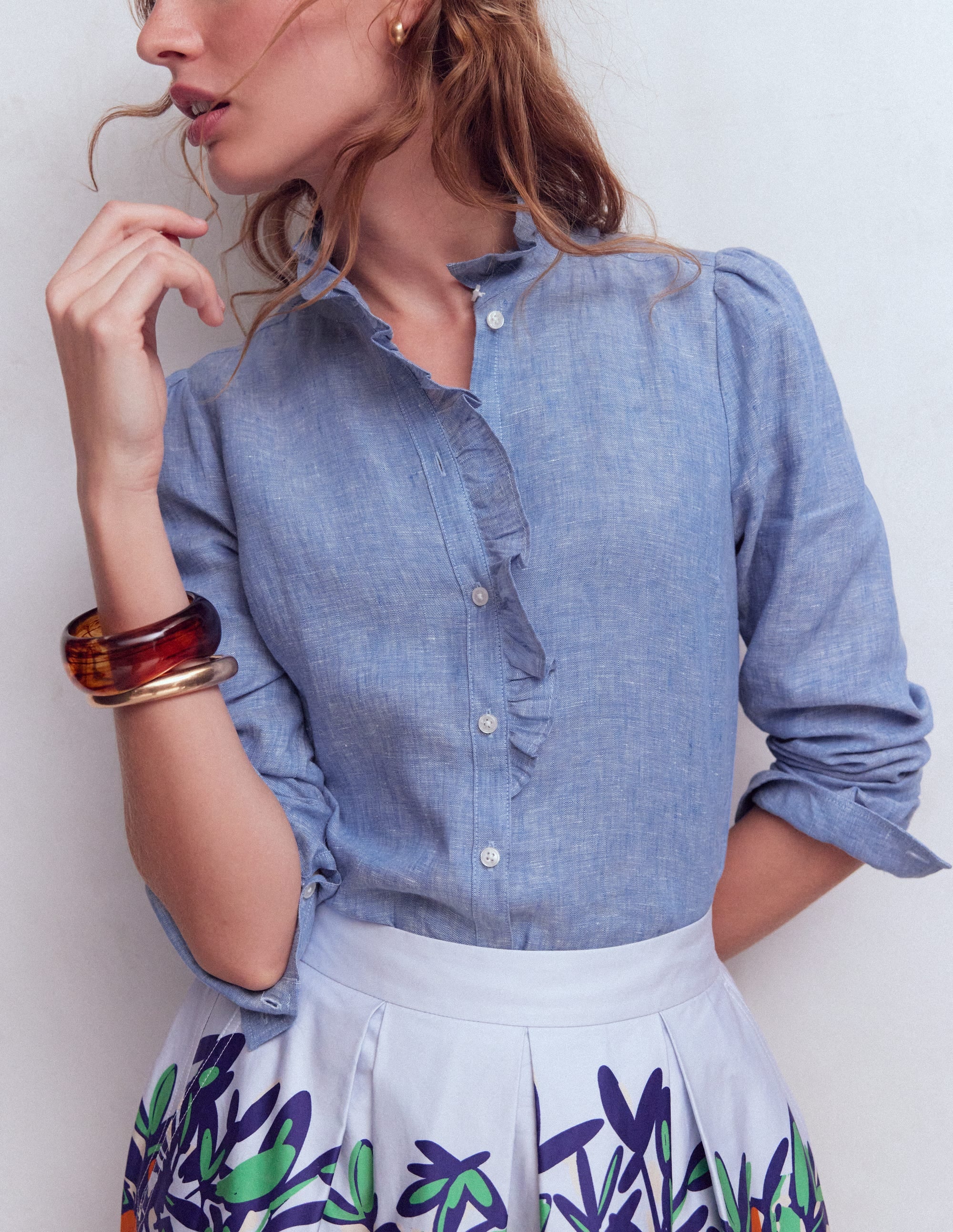Isabel Ruffle Linen Shirt-Chambray - Image 2