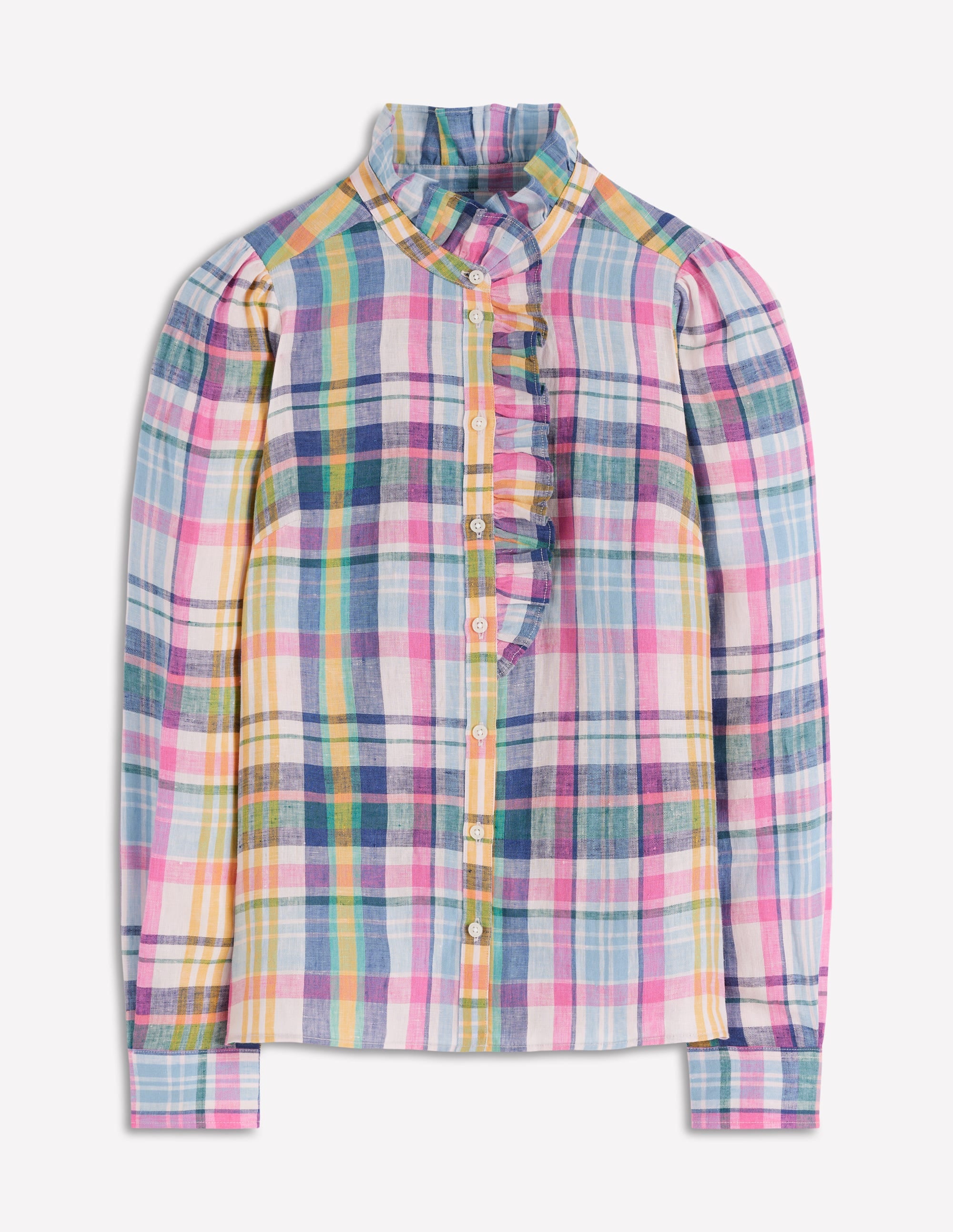 Isabel Ruffle Linen Shirt-Blue, Pink and Green Madras - Image 5