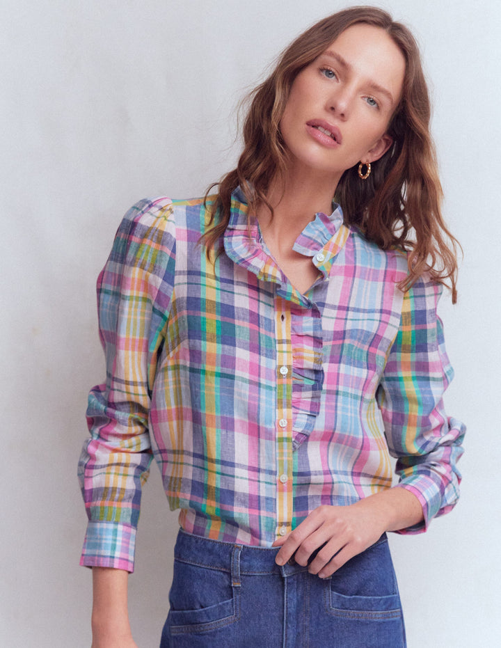 Isabel Ruffle Linen Shirt-Blue, Pink and Green Madras