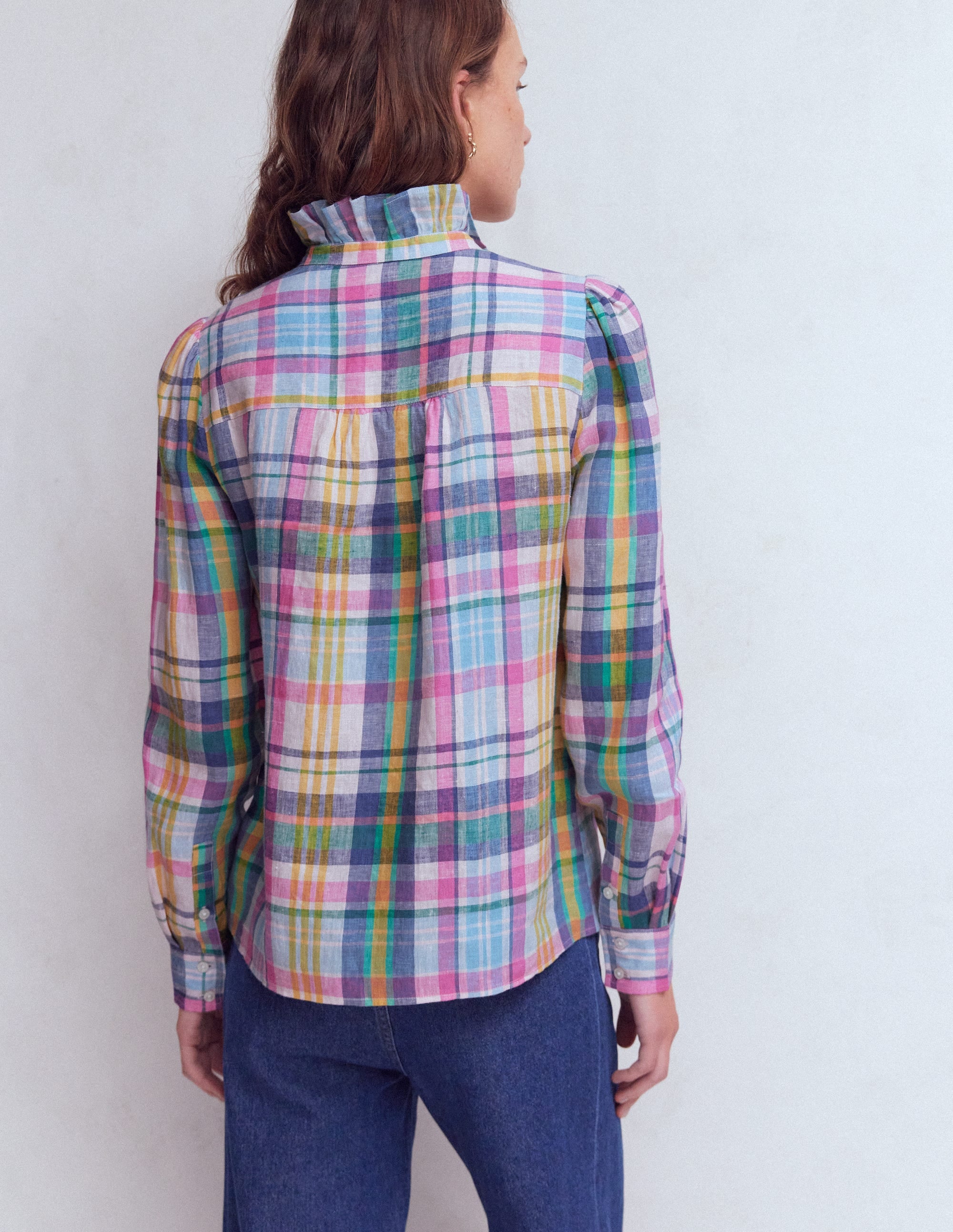 Isabel Ruffle Linen Shirt-Blue, Pink and Green Madras - Image 3