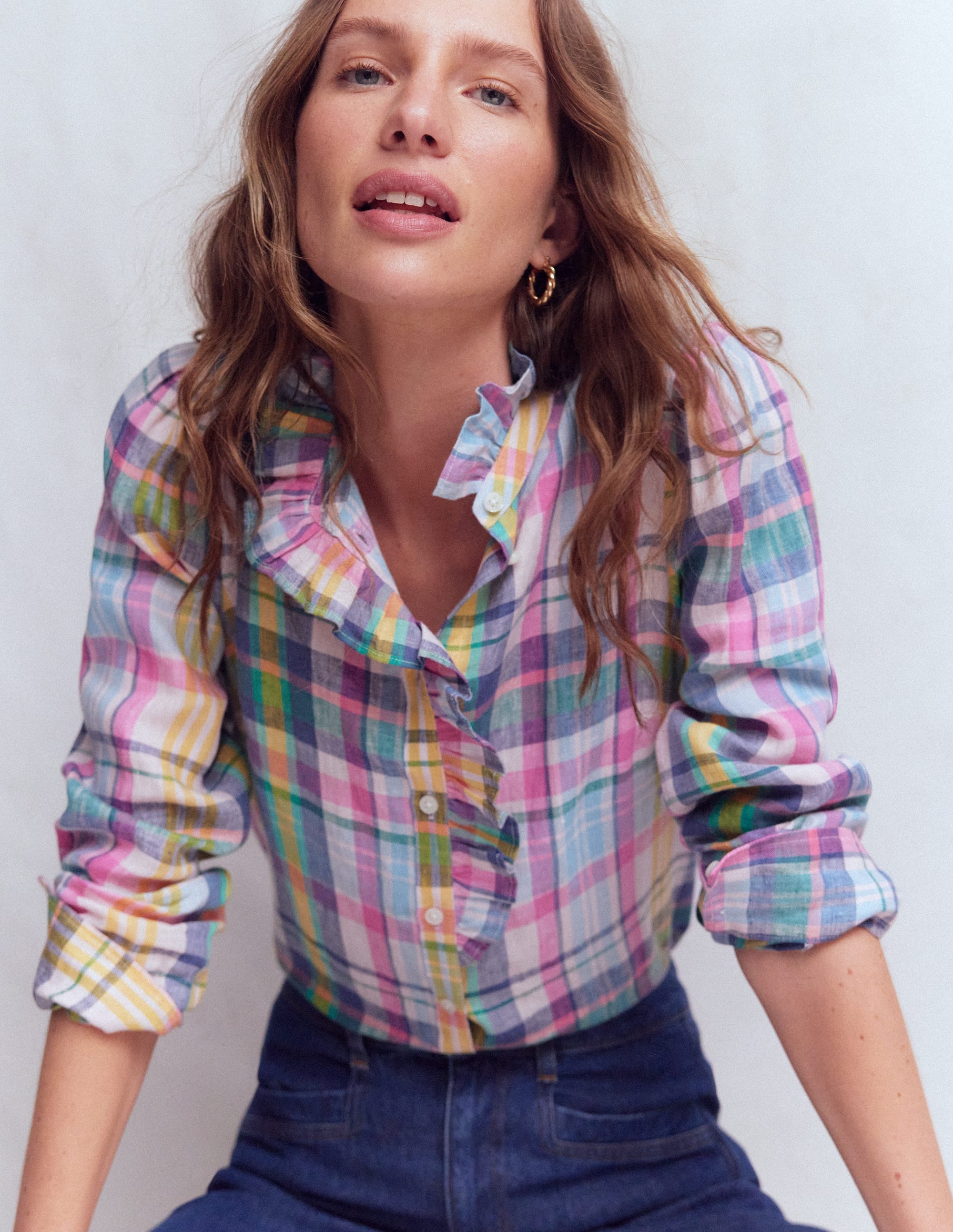 Isabel Ruffle Linen Shirt-Blue, Pink and Green Madras - Image 4