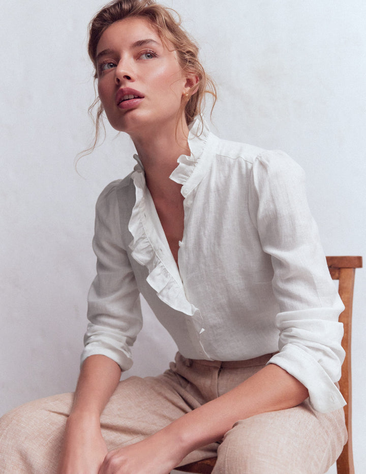 Isabel Ruffle Linen Shirt-White