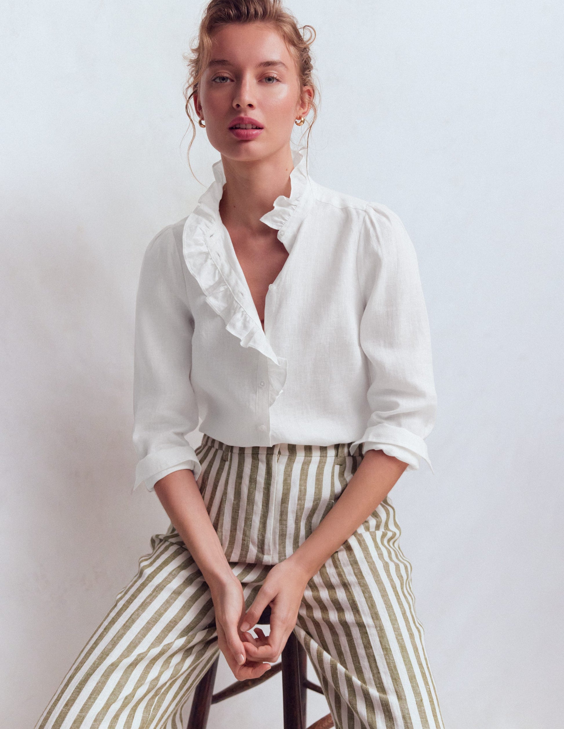Isabel Ruffle Linen Shirt-White-5