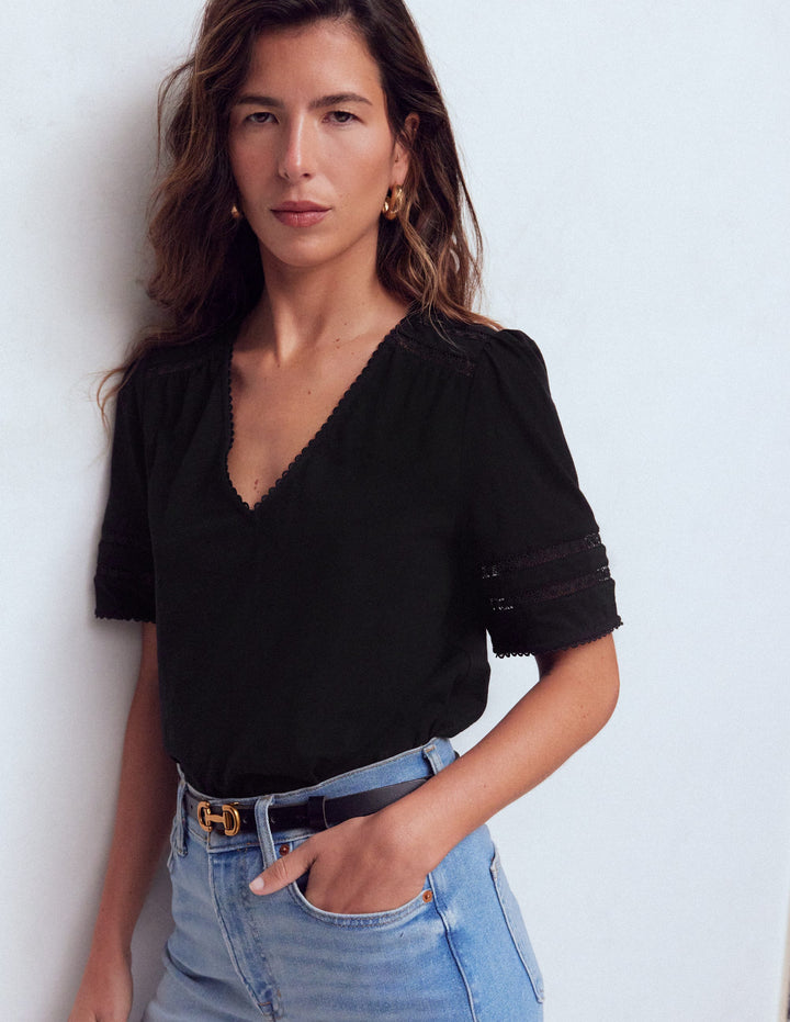 Poppy Trim V Neck T-Shirt-Black