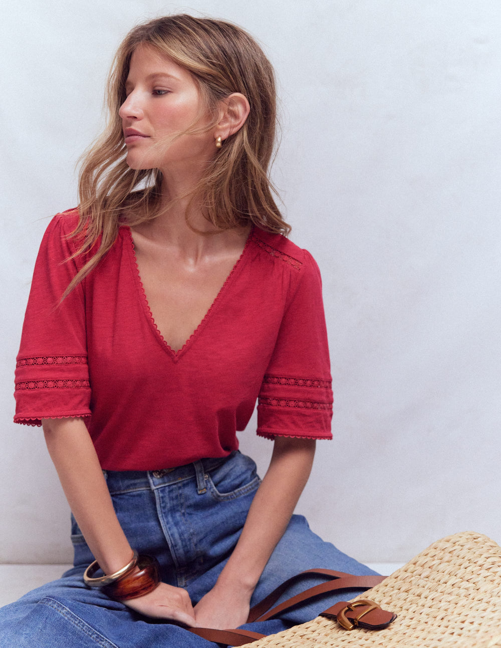 Wsum 1000 Poppy Trim V Neck T - Shirt - Terracotta Red | Boden USA