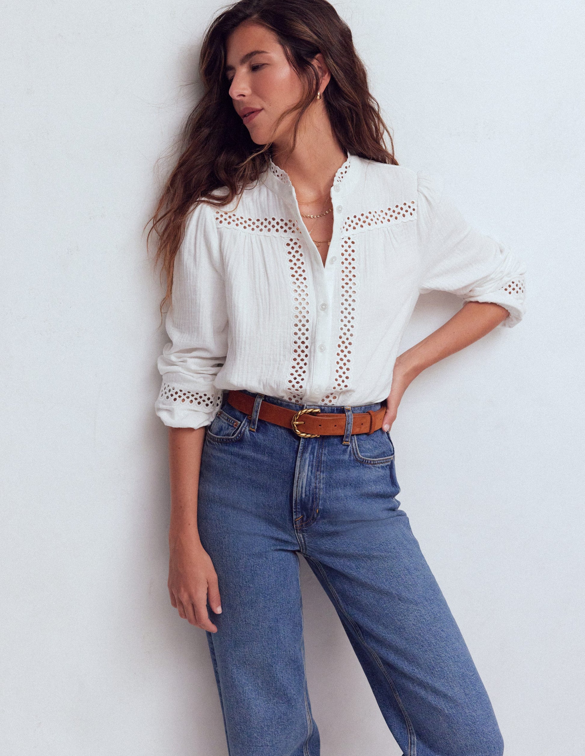 Trim Detail Double Cloth Top-White-1