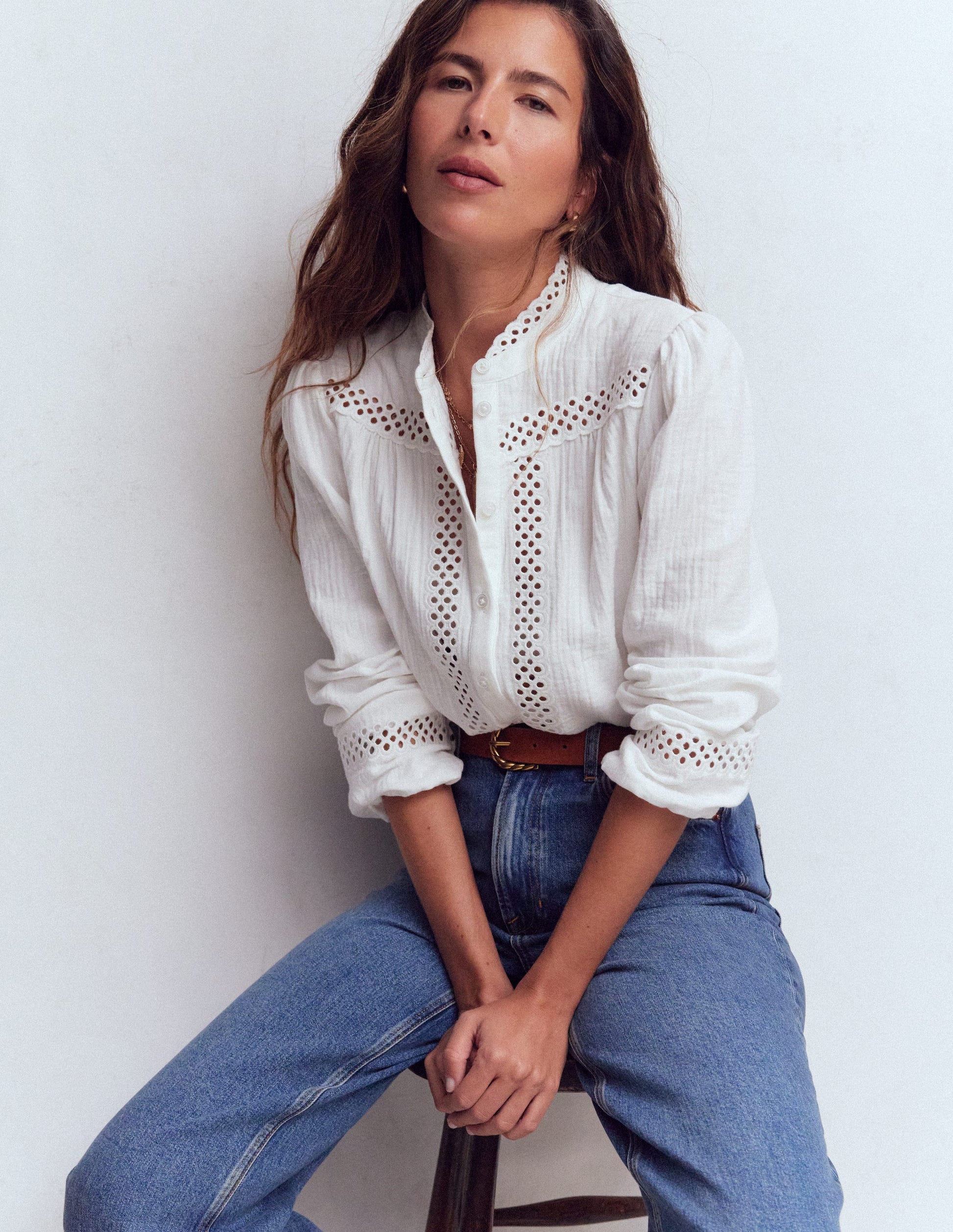 Trim Detail Double Cloth Top-White-5