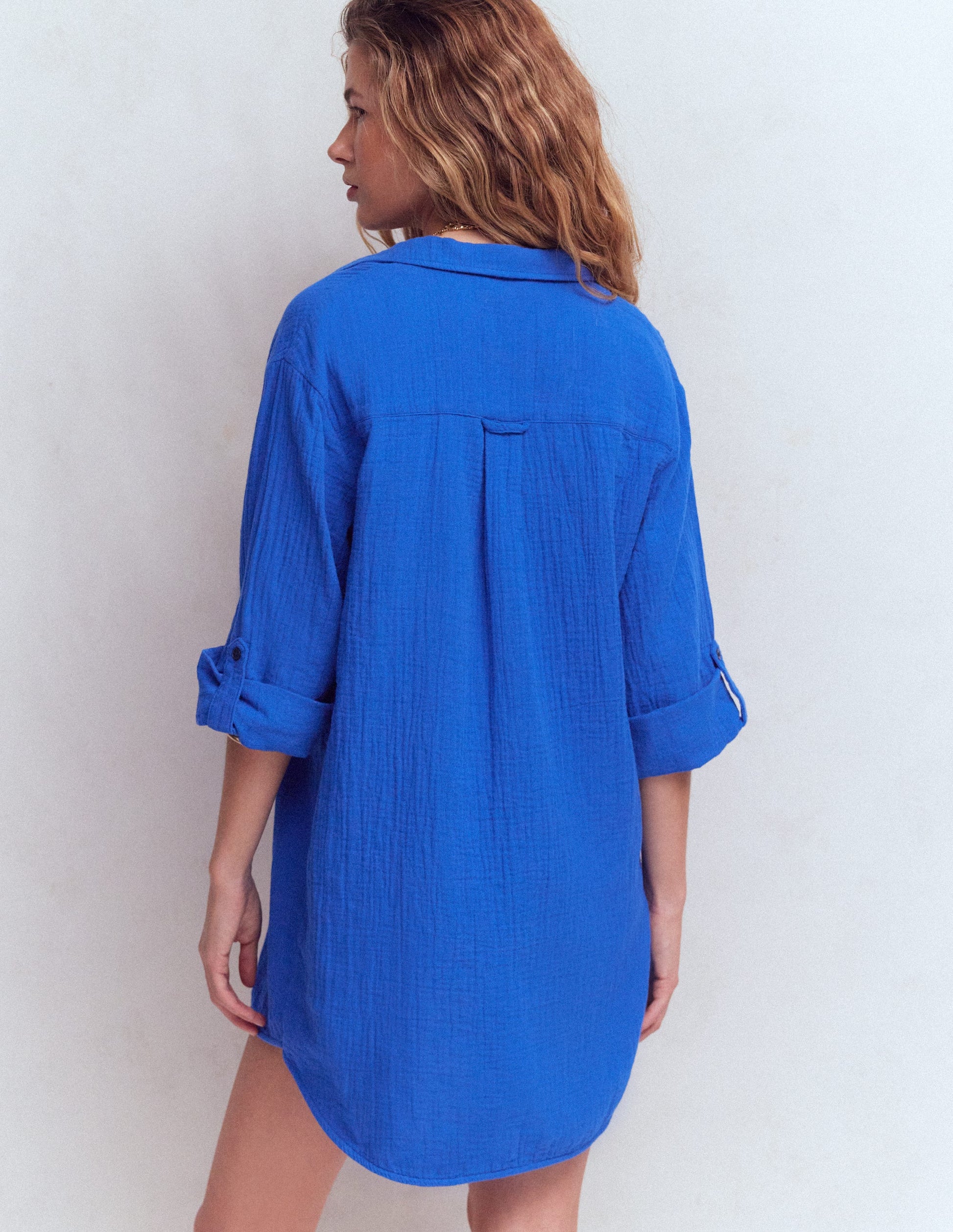 Longline Double Cloth Shirt-Bright Blue-3