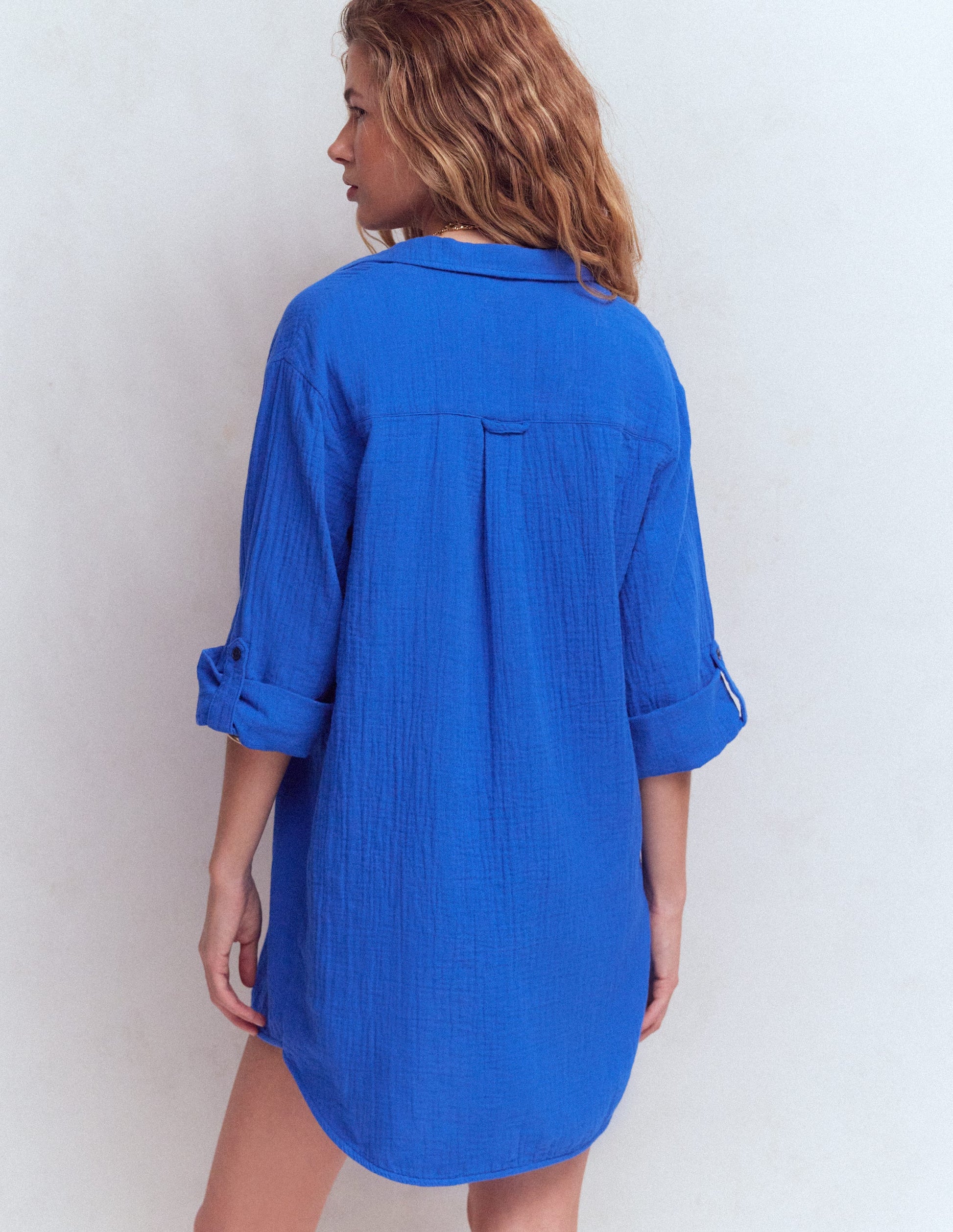 Longline Double Cloth Shirt-Bright Blue-3
