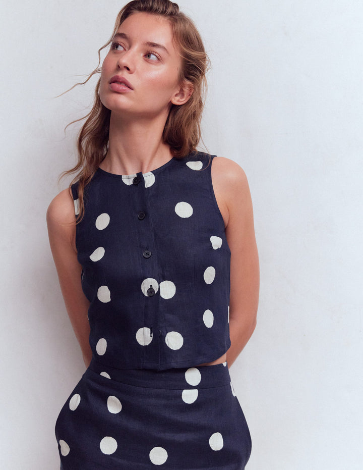 Andrea linen shell top-French Navy, Painted Dot Large