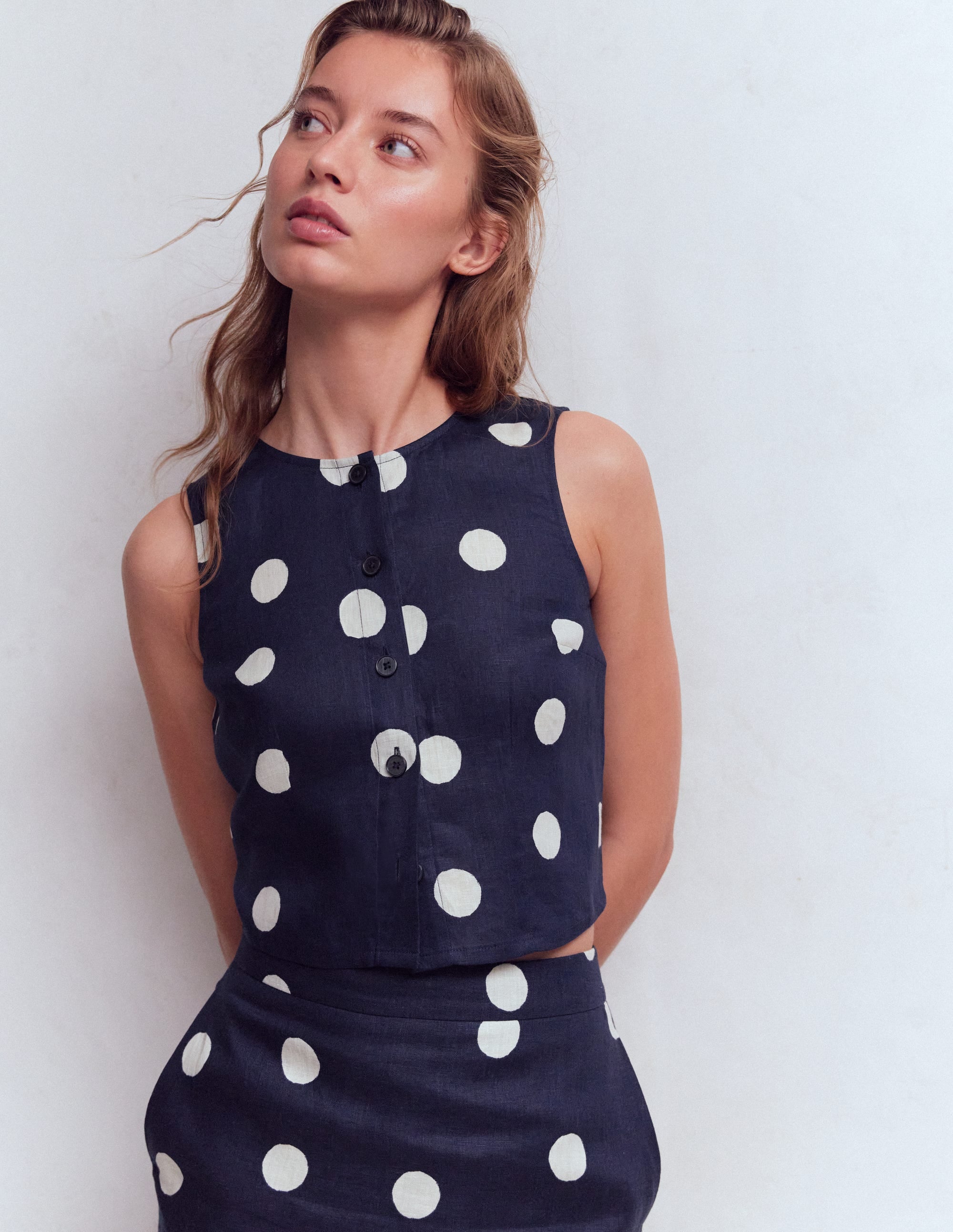 Andrea Linen Shell Top-French Navy, Painted Dot - Image 1