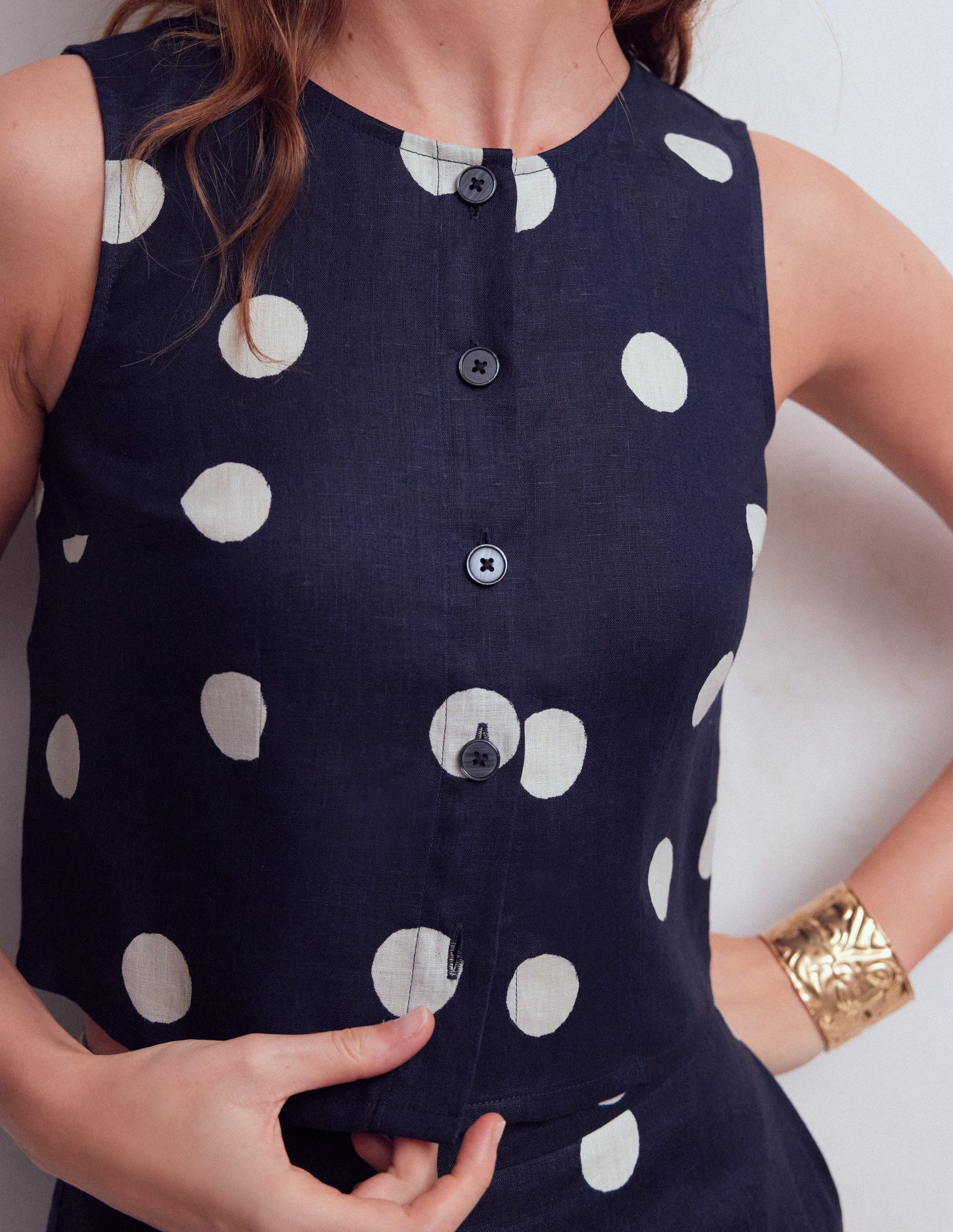 Andrea linen shell top-French Navy, Painted Dot Large-2