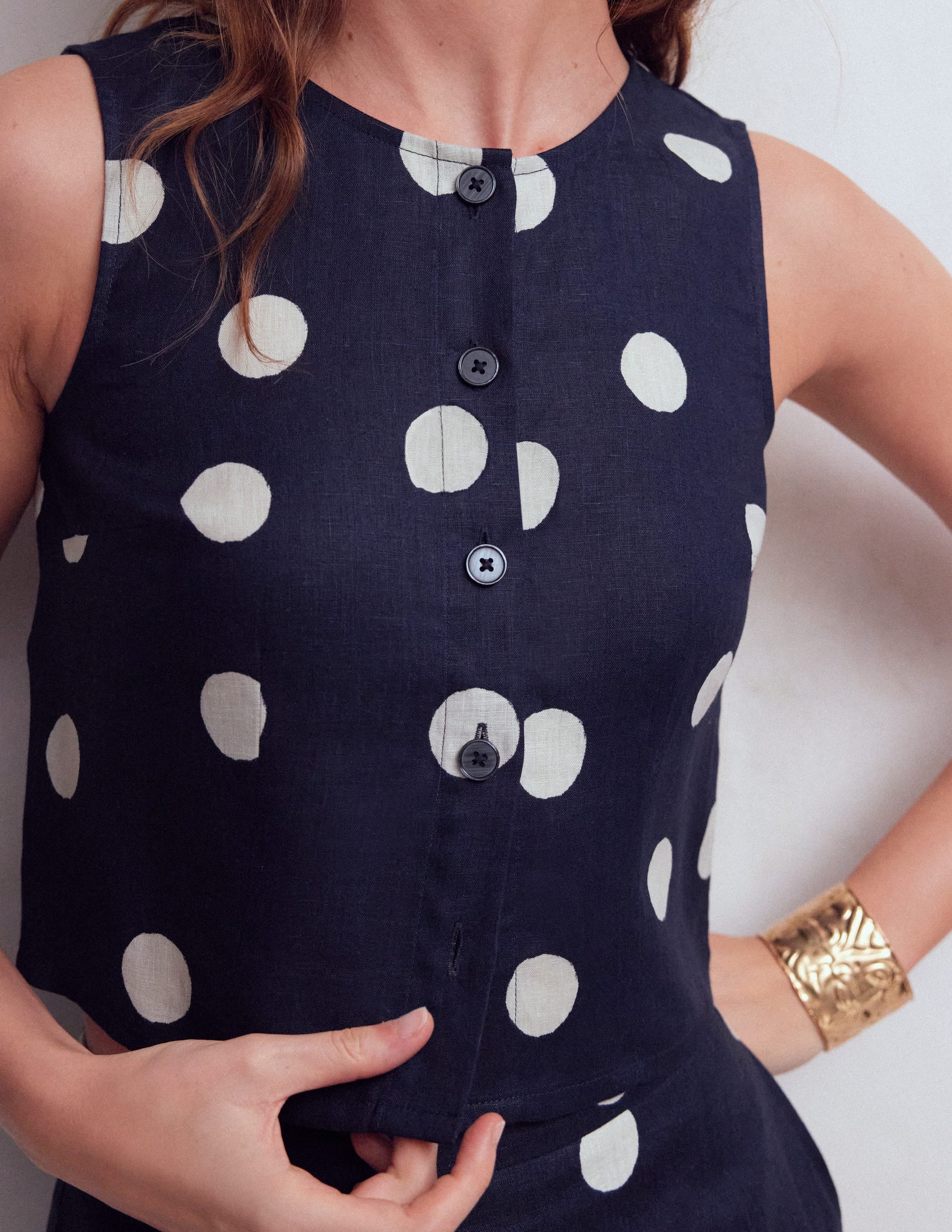 Andrea Linen Shell Top-French Navy, Painted Dot - Image 2