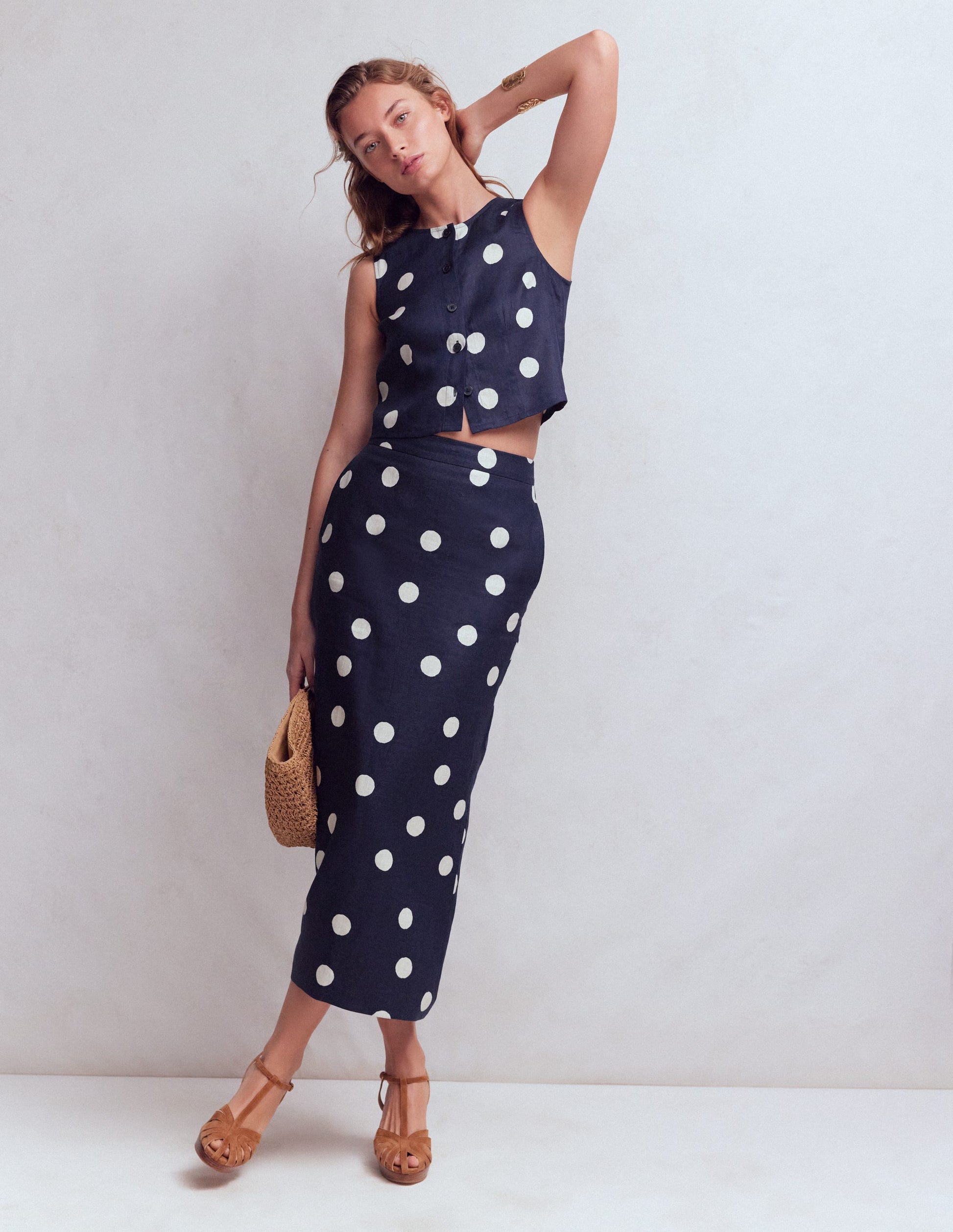 Andrea linen shell top-French Navy, Painted Dot Large-4