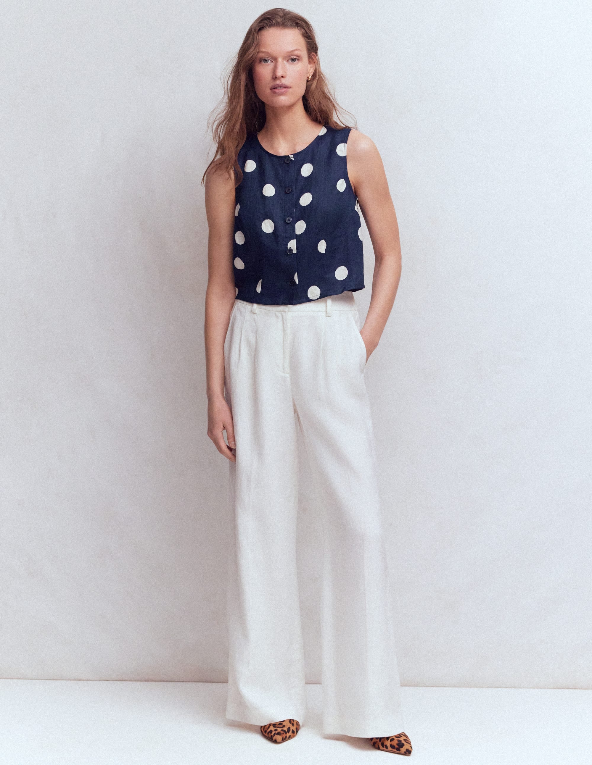 Andrea Linen Shell Top-French Navy, Painted Dot - Image 5