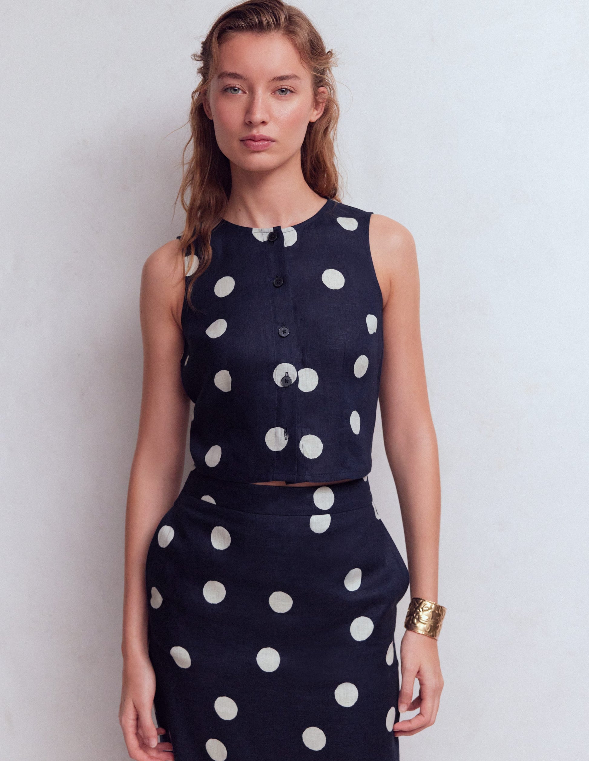 Andrea linen shell top-French Navy, Painted Dot Large-5