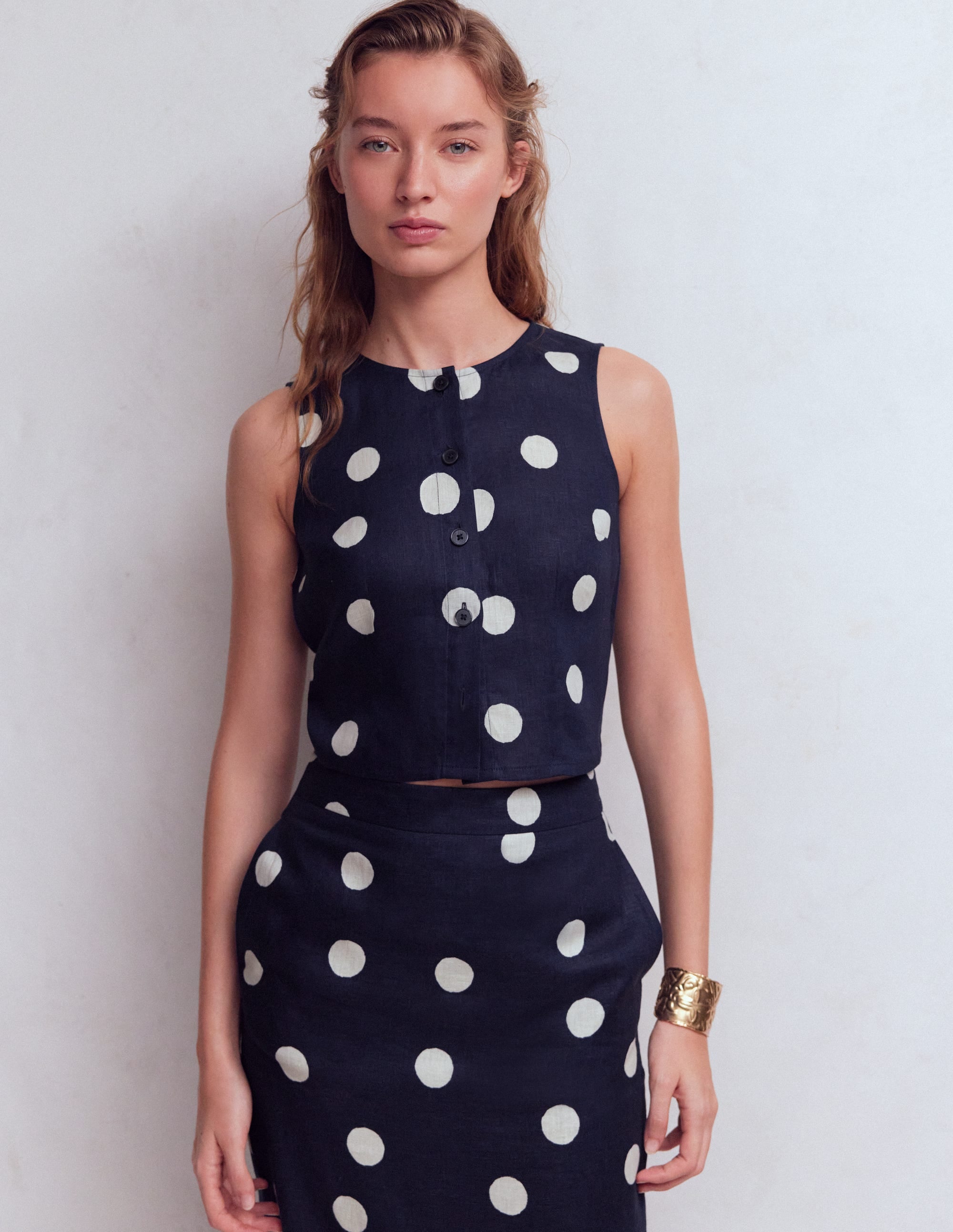 Andrea Linen Shell Top-French Navy, Painted Dot - Image 6