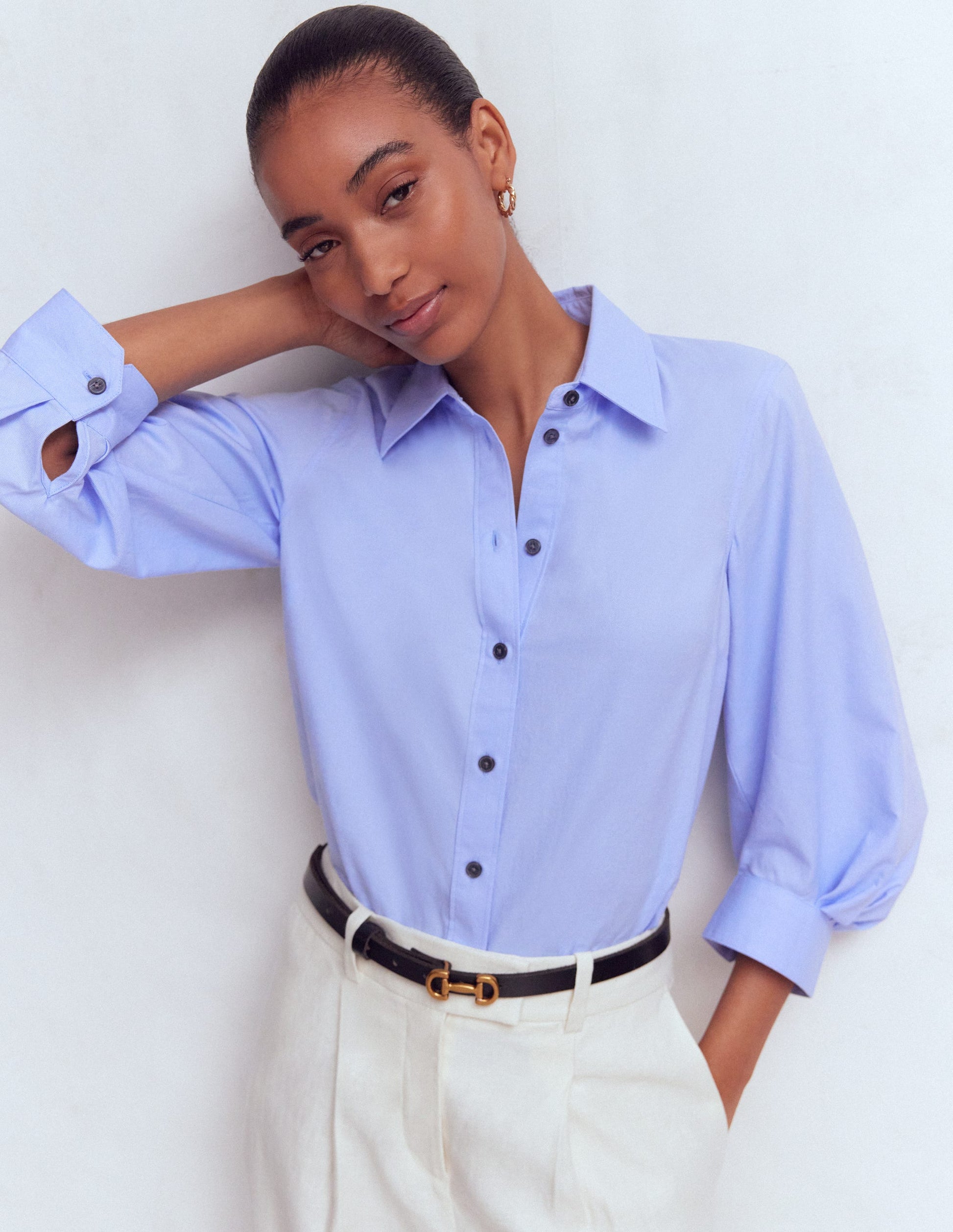 Puff Sleeve Oxford Shirt-French Blue-1